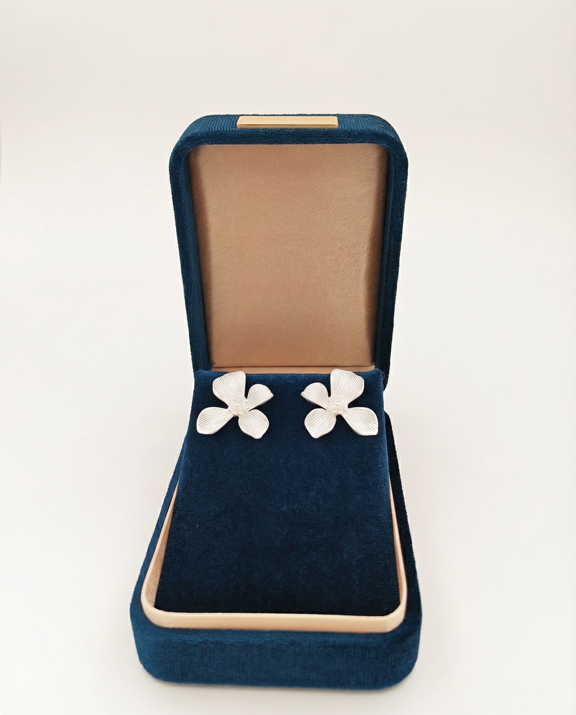 Textured Petal Stud Earrings with Seed Pearls – Minimalist Silver Floral