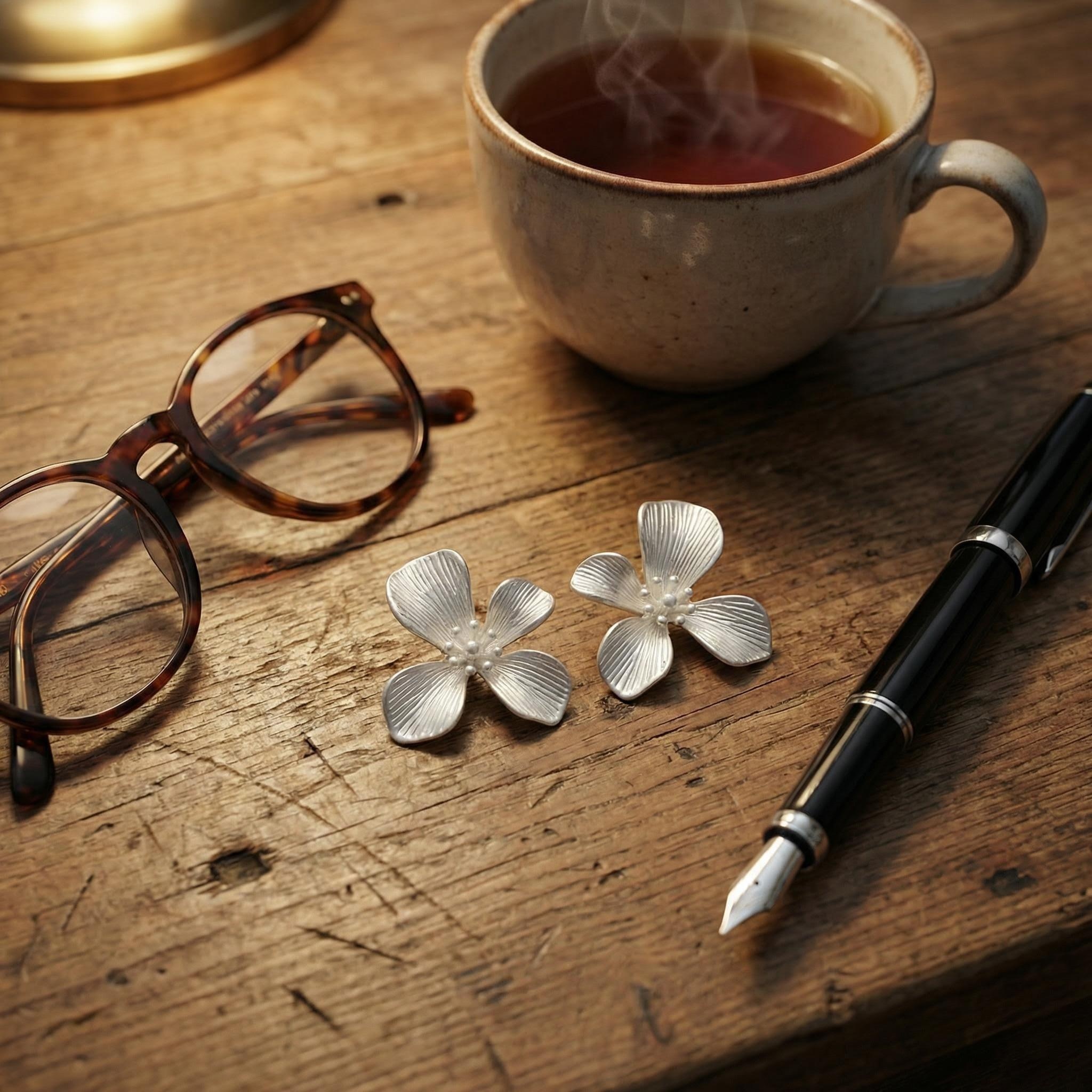 Textured Petal Stud Earrings with Seed Pearls – Minimalist Silver Floral