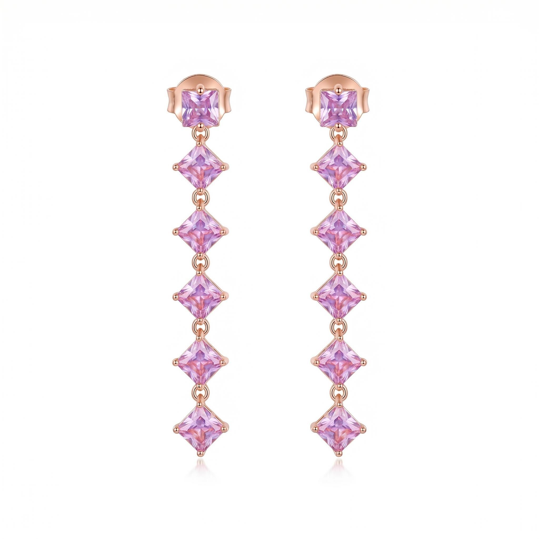 “Sweet Dream” Graduated Square Zirconia Tassel Earrings – Rose Gold