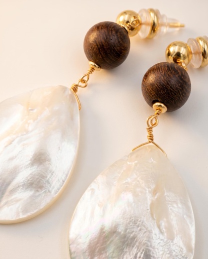 Gold-Tone Wood-Like Bead and Pearl-Like Teardrop Earrings