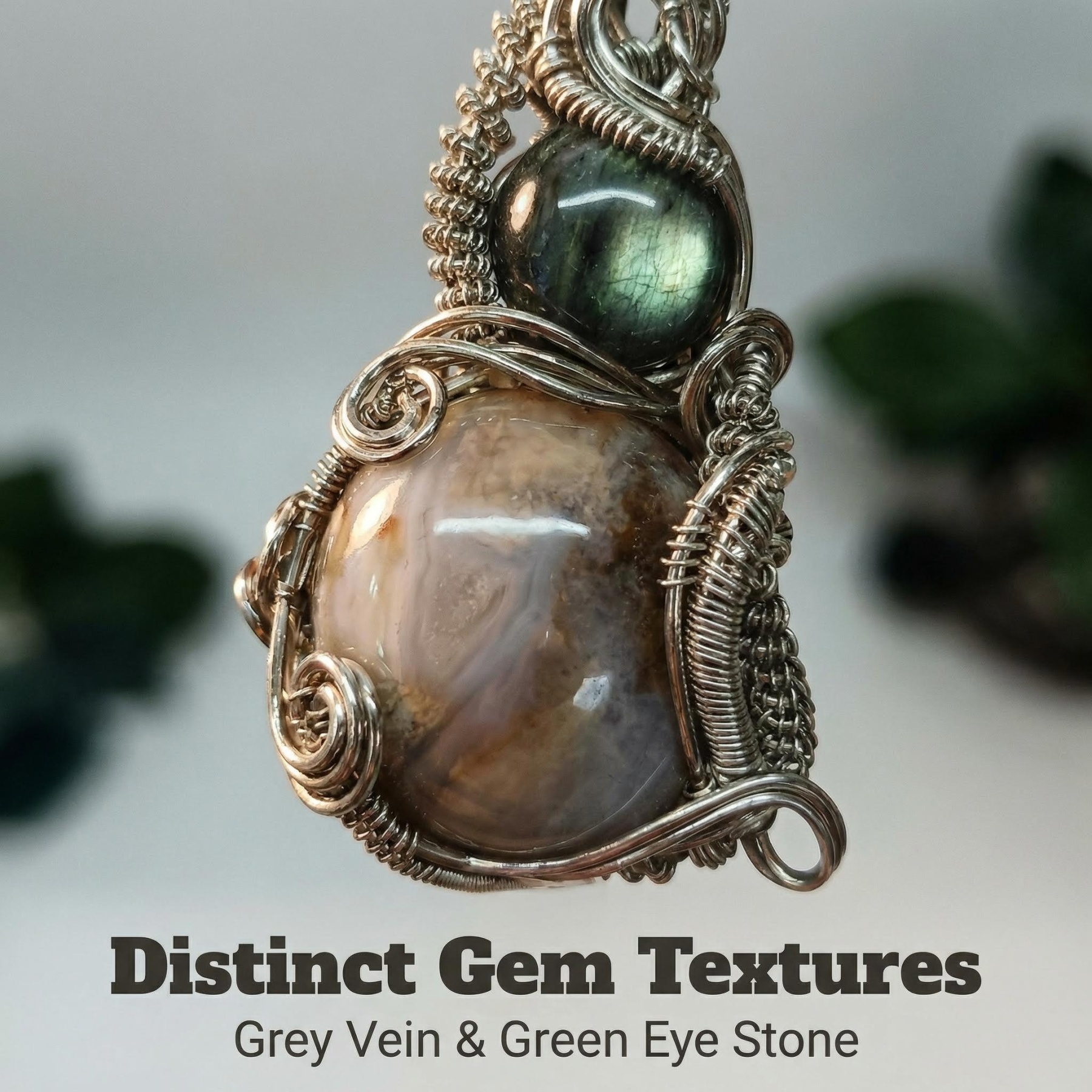 Double Gemstone Pendant with Labradorite & Crystal - Silver Wire Wrap & Unique Texture