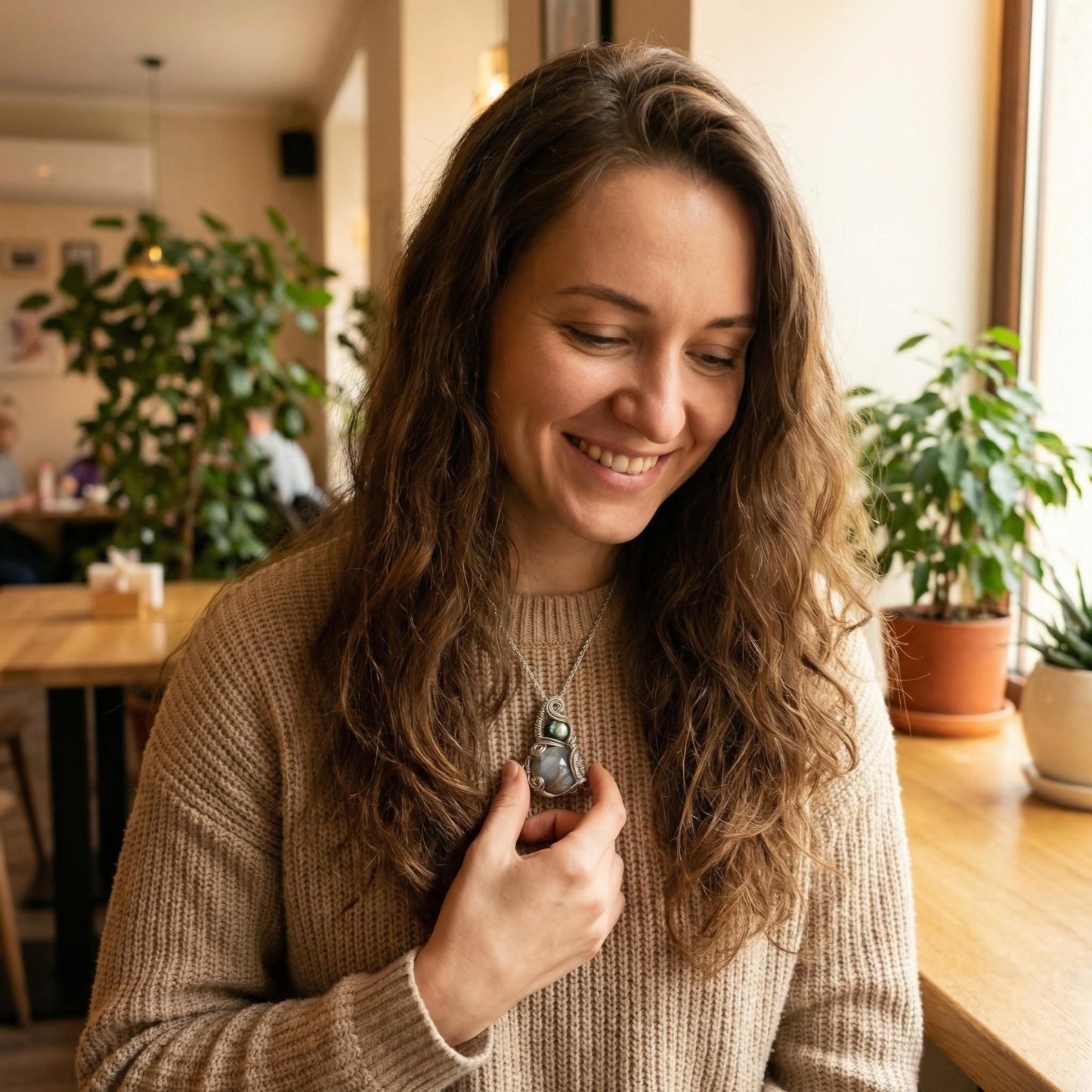 Double Gemstone Pendant with Labradorite & Crystal - Silver Wire Wrap & Unique Texture