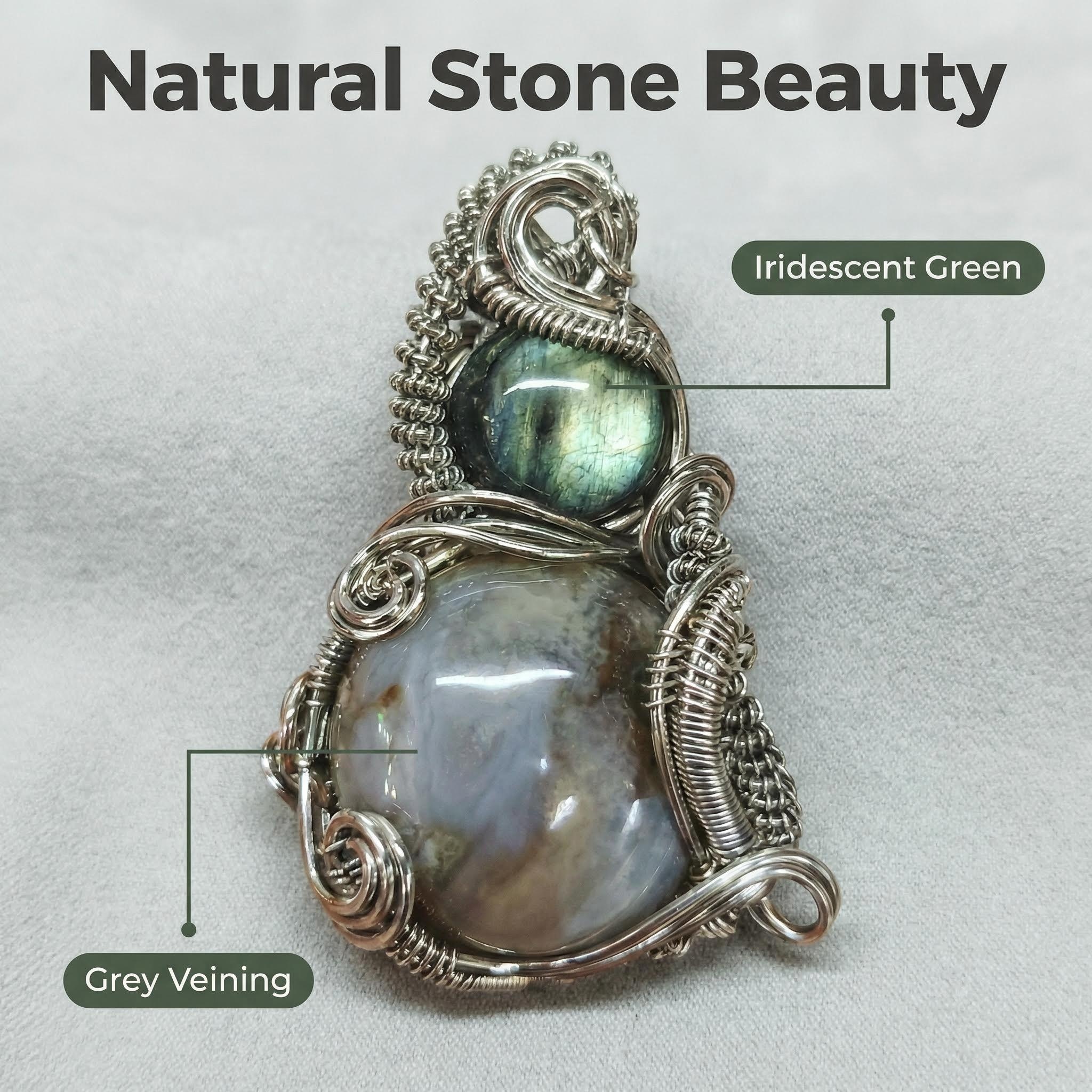 Double Gemstone Pendant with Labradorite & Crystal - Silver Wire Wrap & Unique Texture