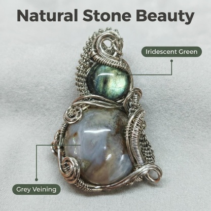 Double Gemstone Pendant with Labradorite & Crystal - Silver Wire Wrap & Unique Texture