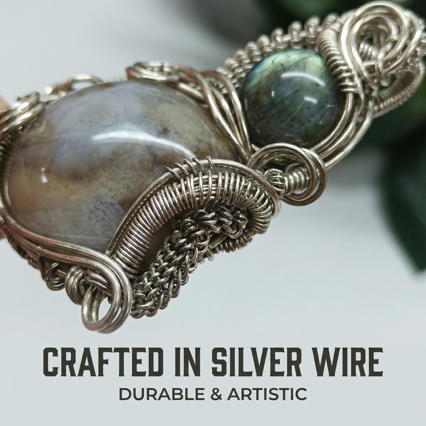 Double Gemstone Pendant with Labradorite & Crystal - Silver Wire Wrap & Unique Texture
