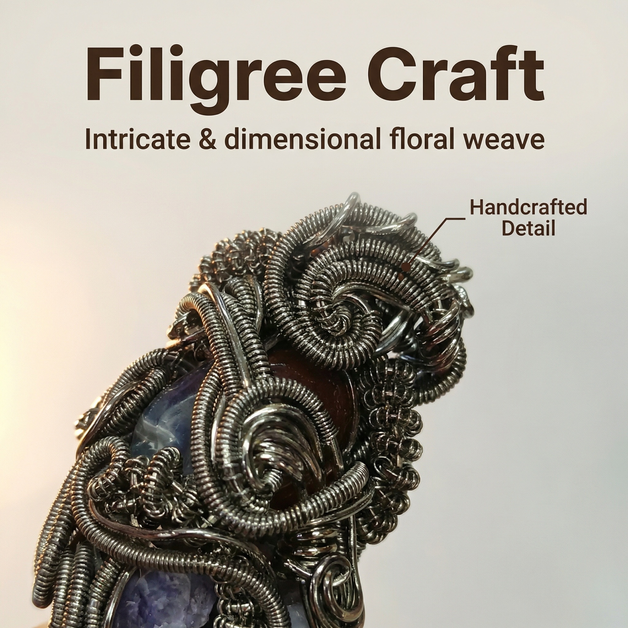 Antique Silver Filigree Wire Wrapped Crystal Pendant - Vintage Floral Elegance