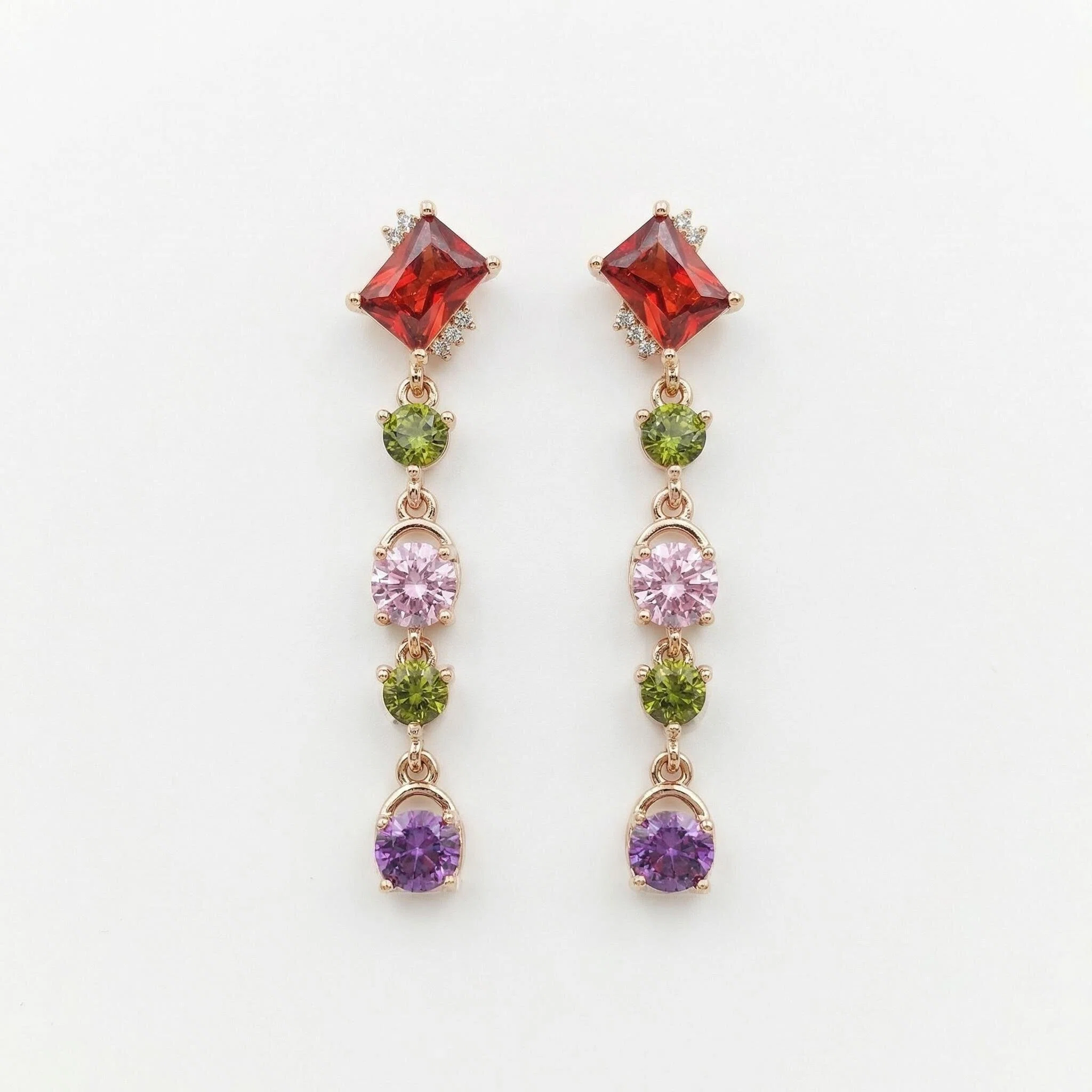 Asymmetric Multi-Gemstone Tassel Earrings – Bohemian Fringe in Rose Gold