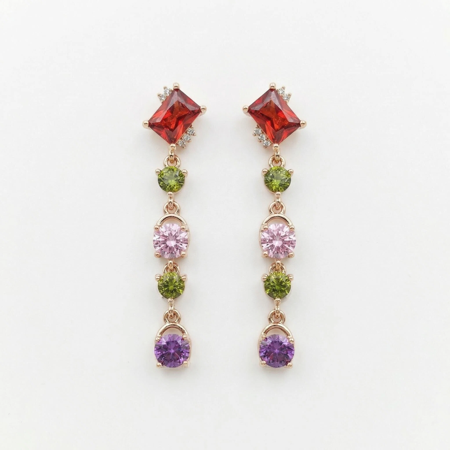 Asymmetric Multi-Gemstone Tassel Earrings – Bohemian Fringe in Rose Gold