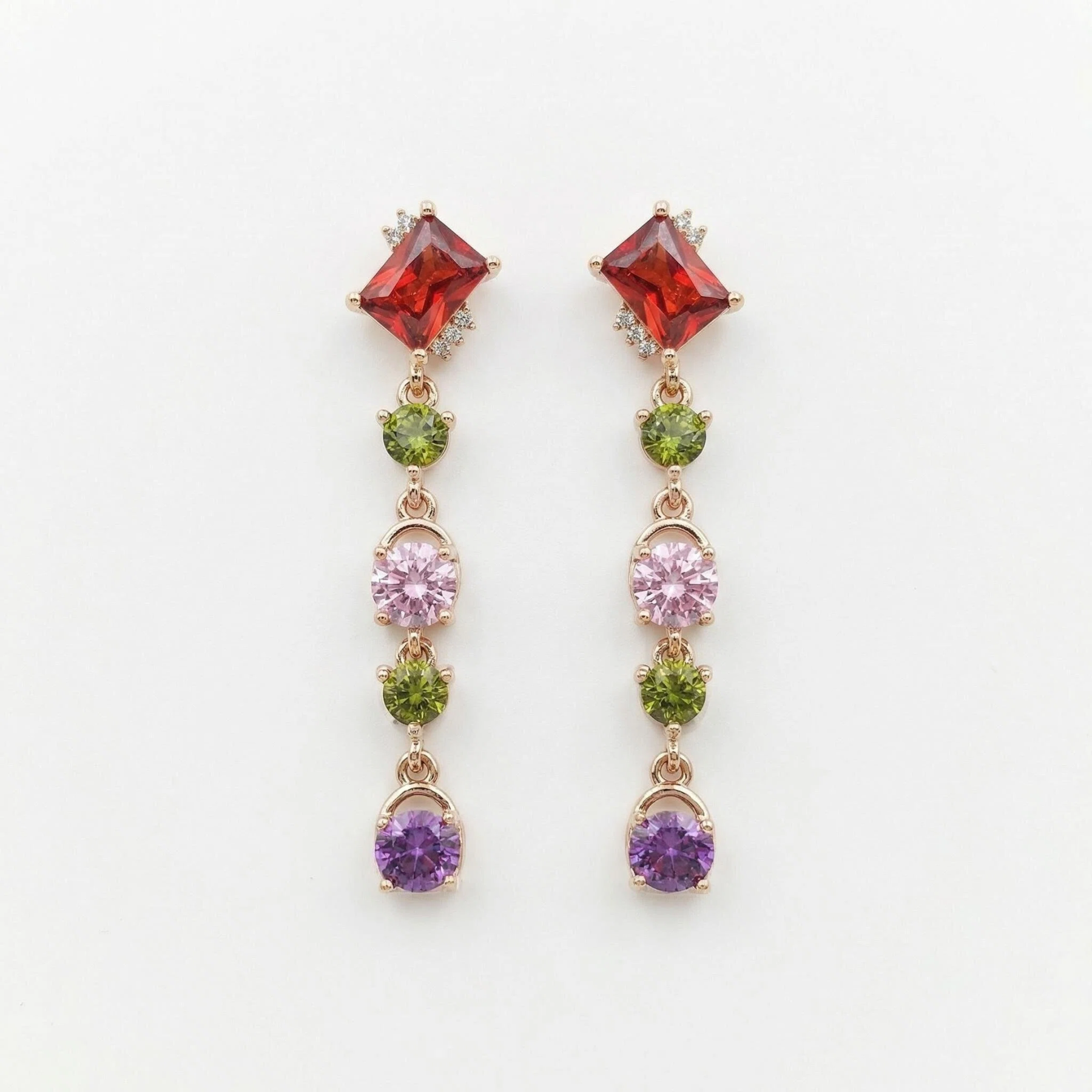 Asymmetric Multi-Gemstone Tassel Earrings – Bohemian Fringe in Rose Gold