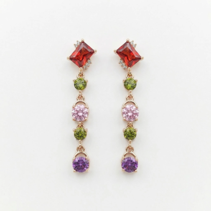 Asymmetric Multi-Gemstone Tassel Earrings – Bohemian Fringe in Rose Gold