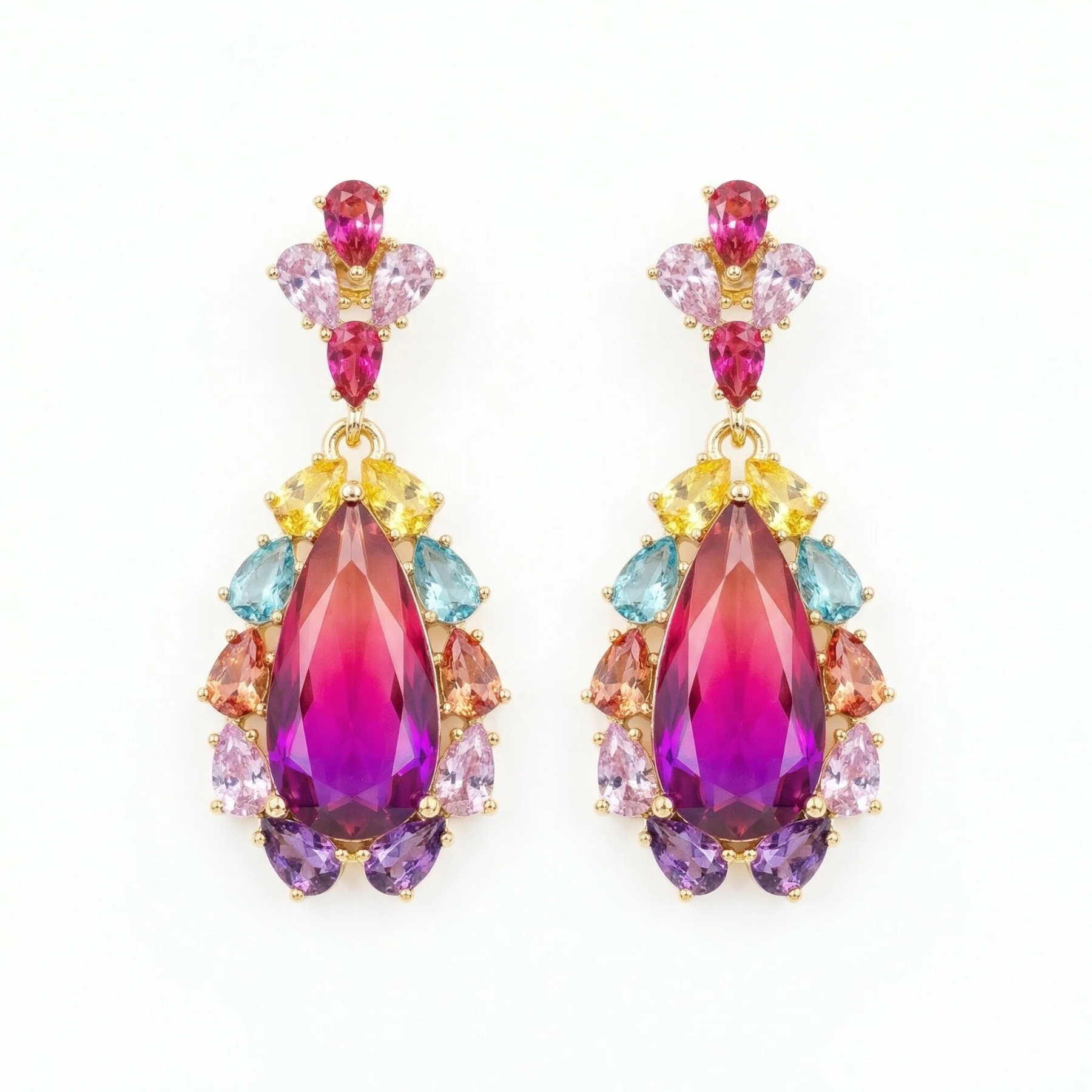 Handcrafted Multi-Gemstone Drop Earrings – Bohemian Teardrop in Gold