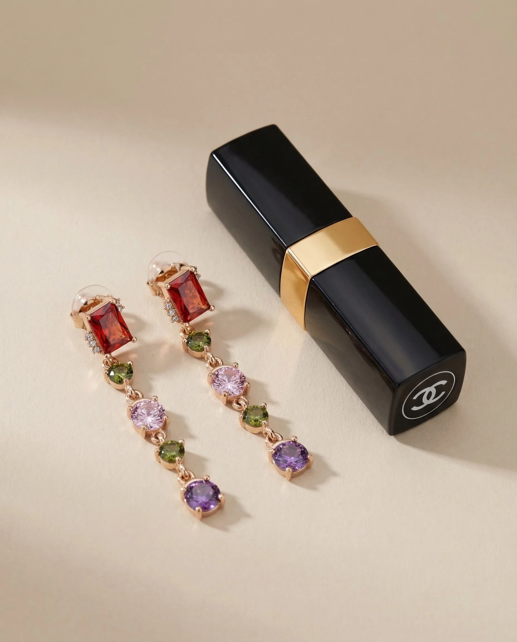 Asymmetric Multi-Gemstone Tassel Earrings – Bohemian Fringe in Rose Gold