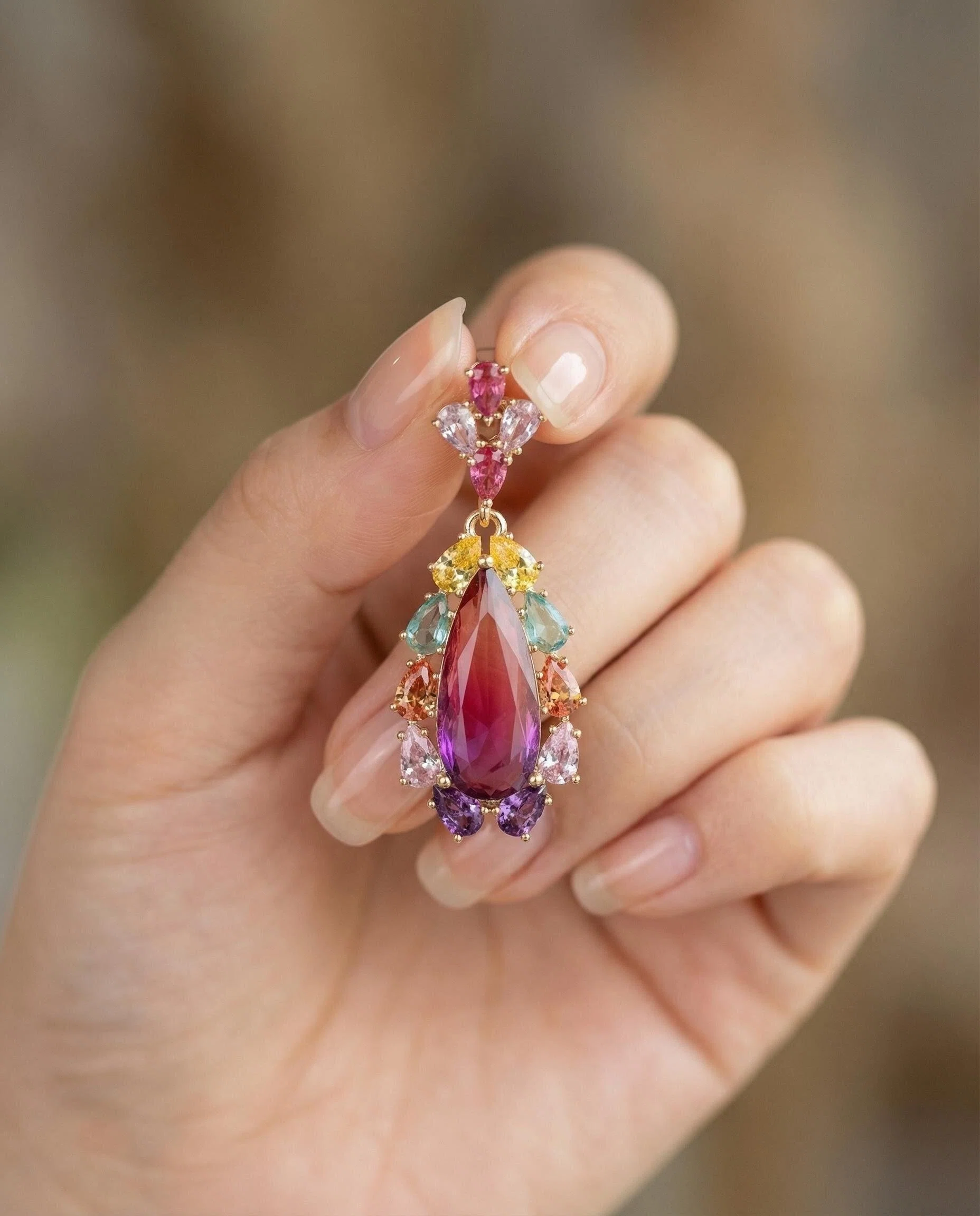 Handcrafted Multi-Gemstone Drop Earrings – Bohemian Teardrop in Gold