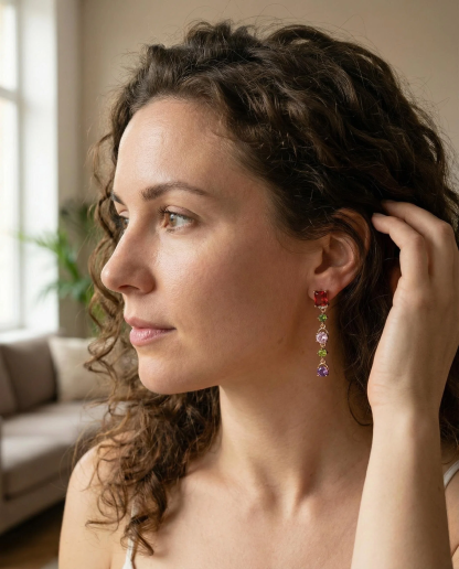 Asymmetric Multi-Gemstone Tassel Earrings – Bohemian Fringe in Rose Gold