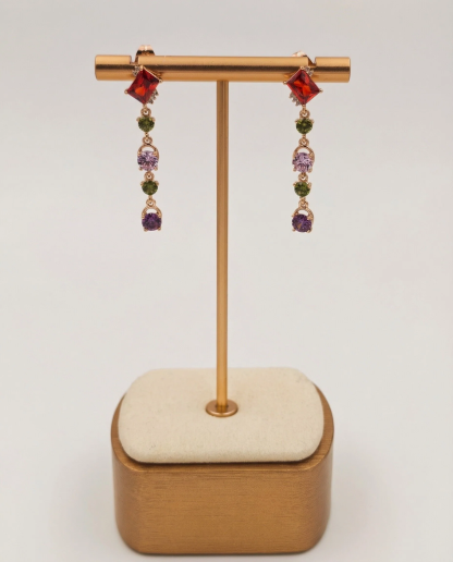 Asymmetric Multi-Gemstone Tassel Earrings – Bohemian Fringe in Rose Gold