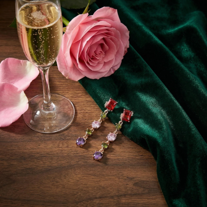 Asymmetric Multi-Gemstone Tassel Earrings – Bohemian Fringe in Rose Gold