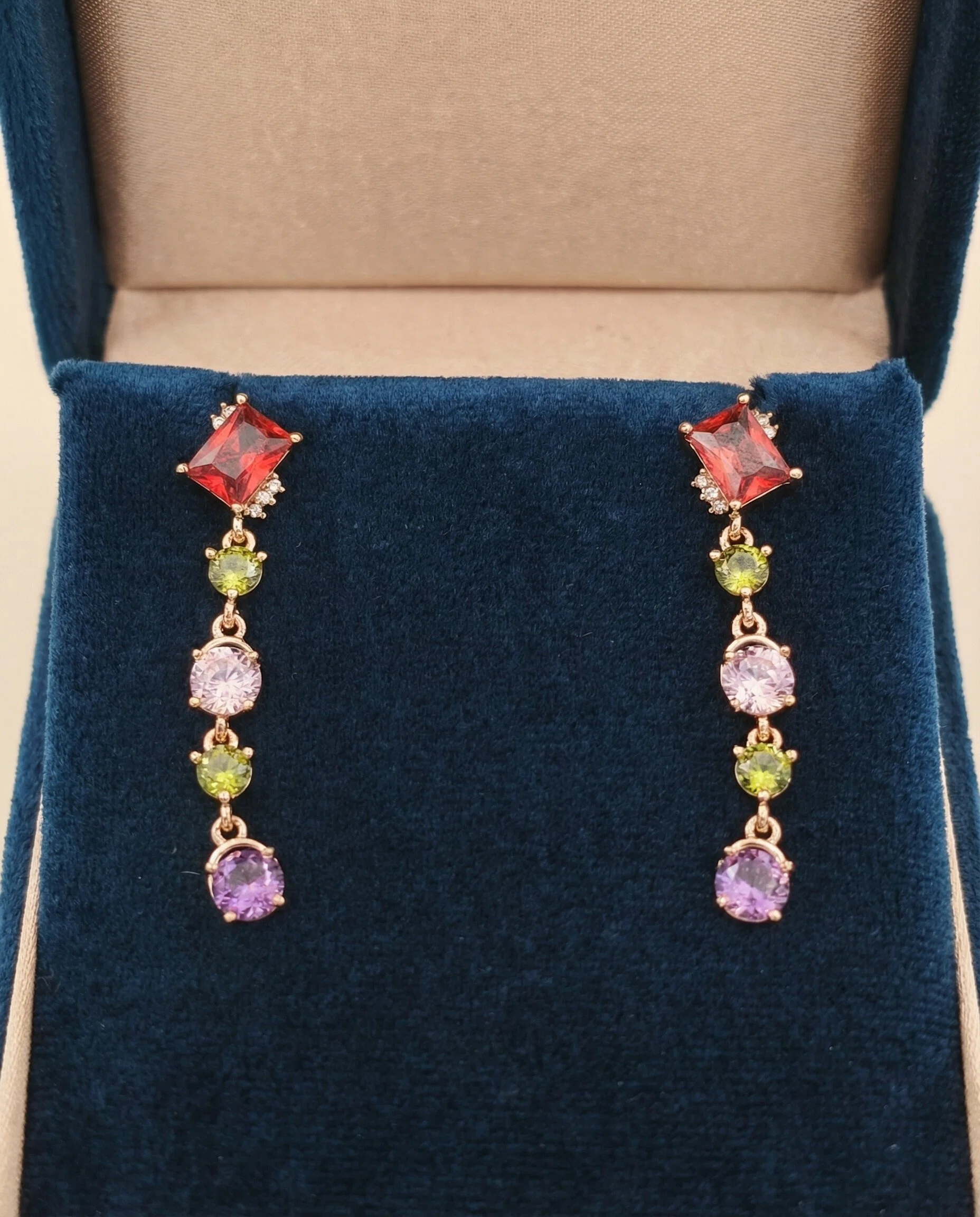 Asymmetric Multi-Gemstone Tassel Earrings – Bohemian Fringe in Rose Gold