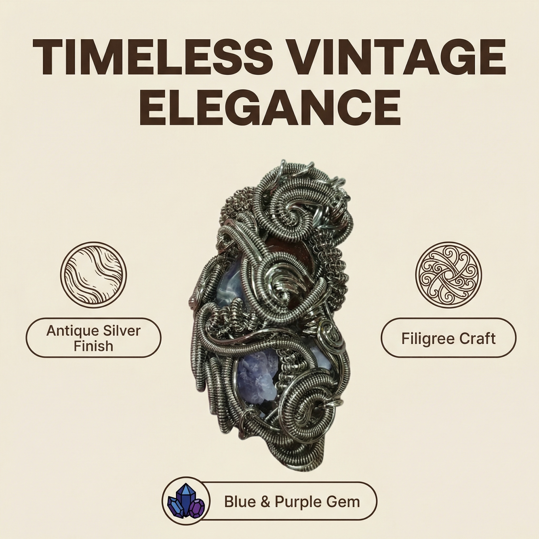 Antique Silver Filigree Wire Wrapped Crystal Pendant - Vintage Floral Elegance