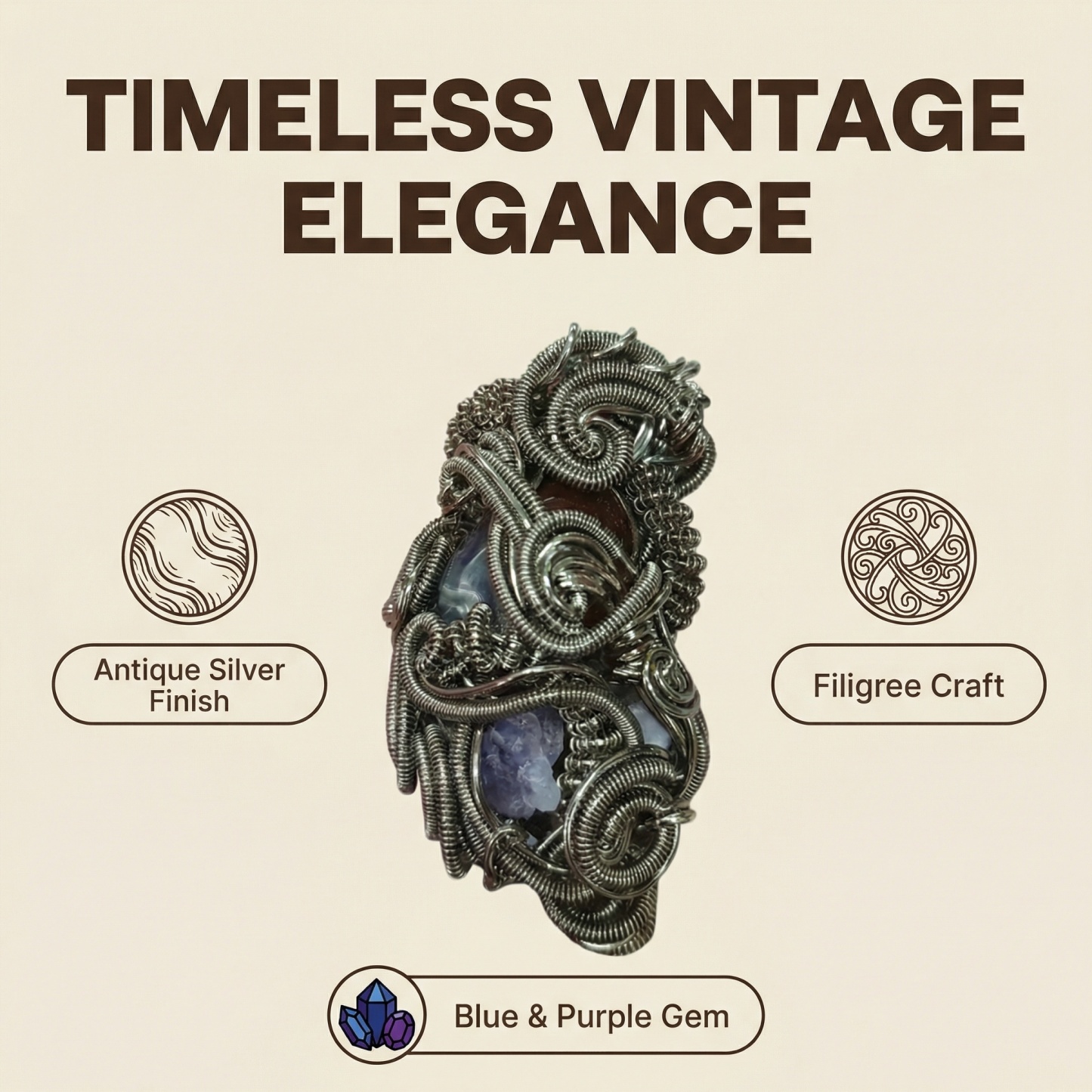 Antique Silver Filigree Wire Wrapped Crystal Pendant - Vintage Floral Elegance