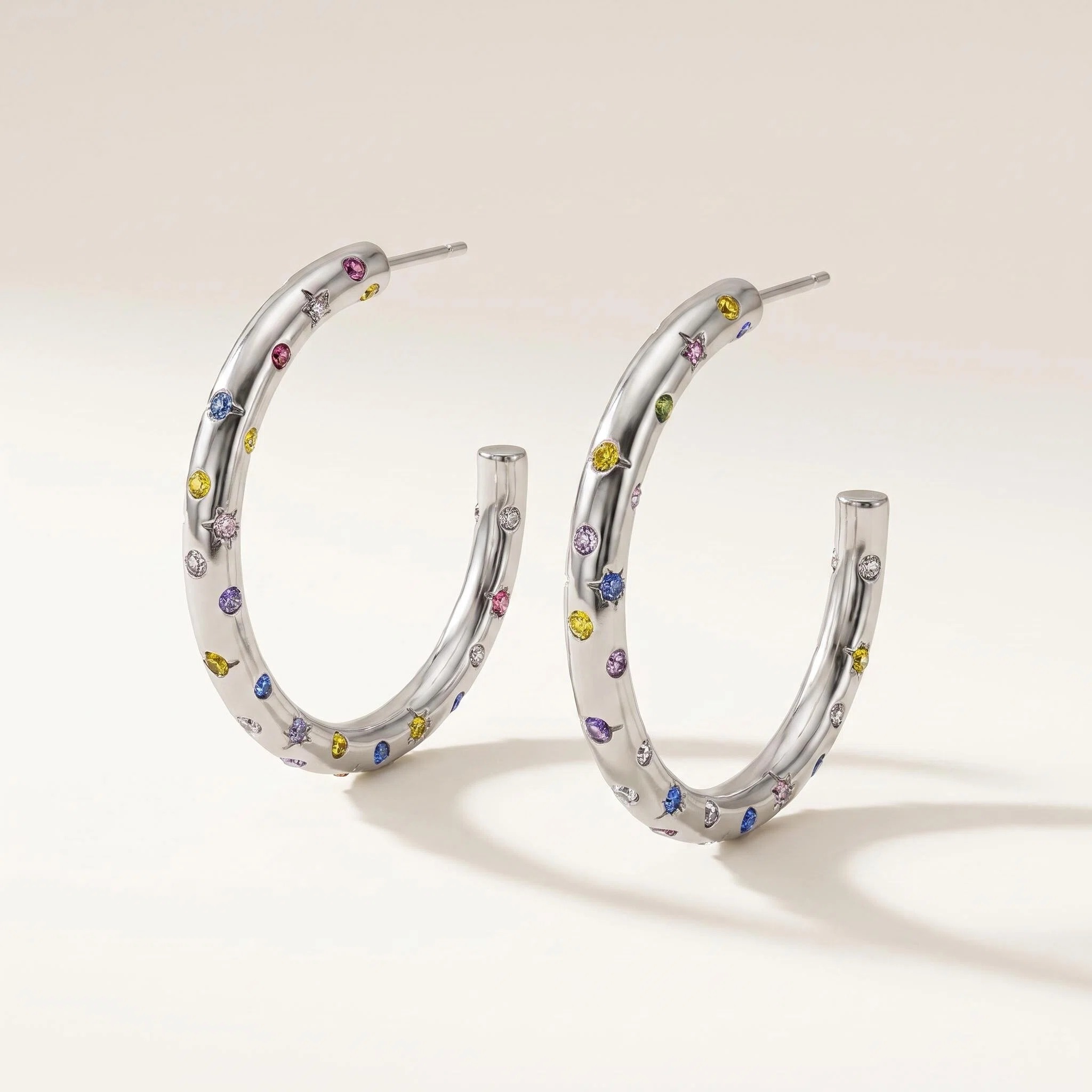 Silver-Tone Multicolor Crystal Hoop Earrings