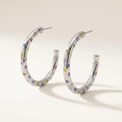 Silver-Tone Multicolor Crystal Hoop Earrings