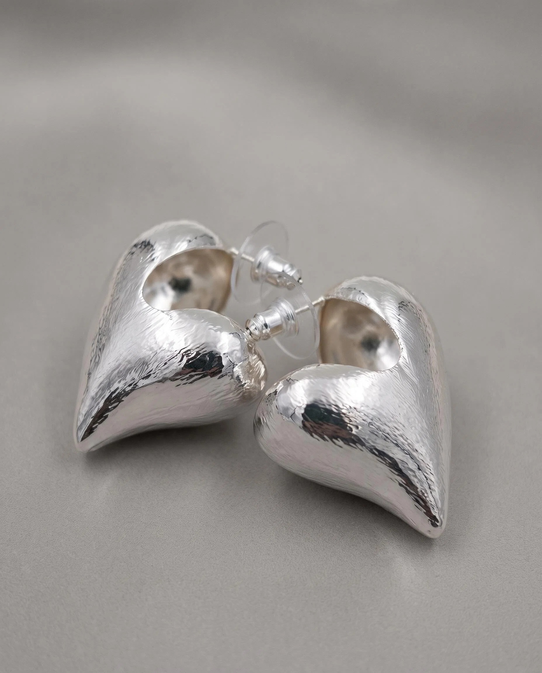 Silver-Tone Sculptural Heart Stud Earrings