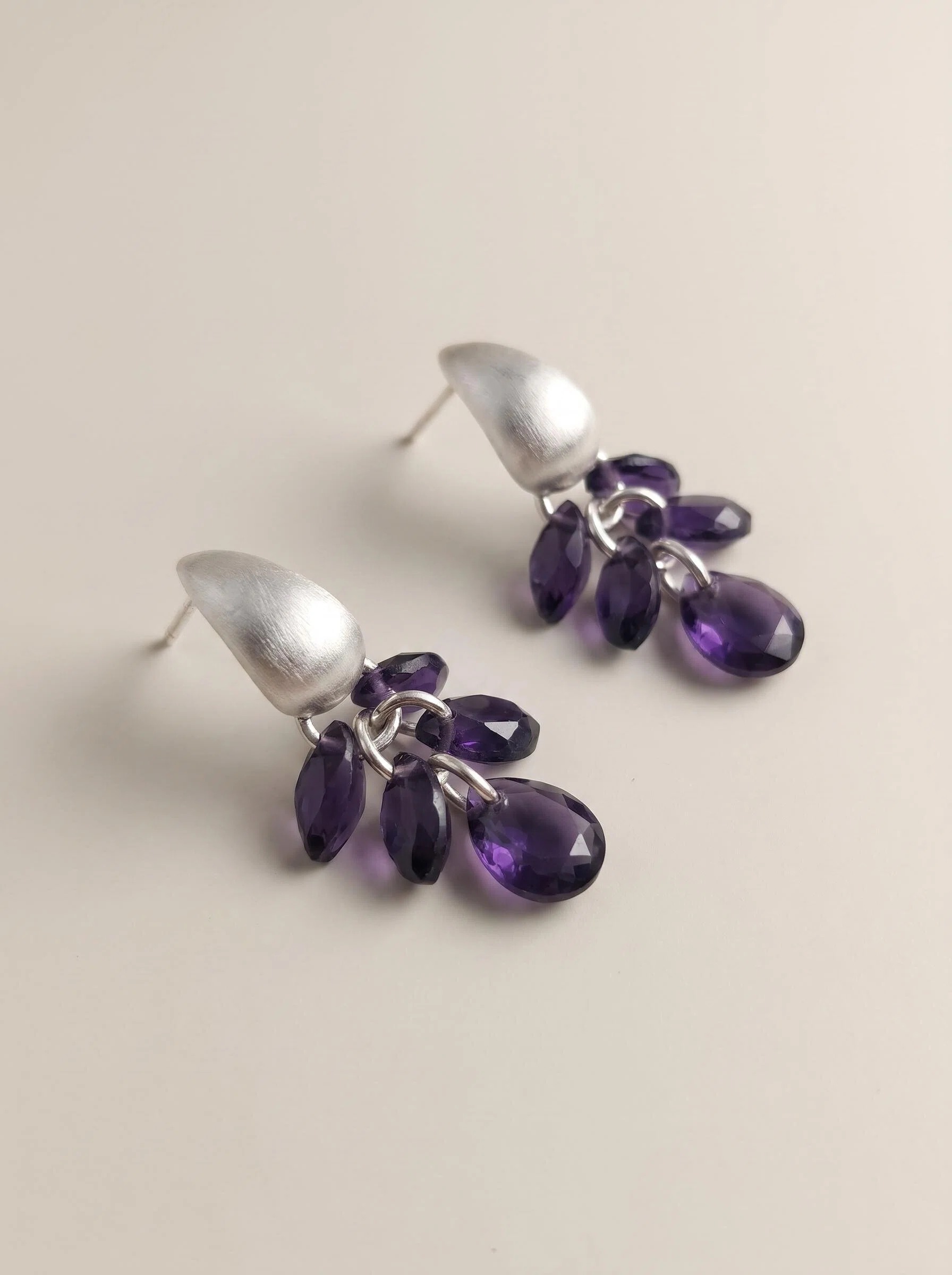 Silver-Tone Purple Petal Cluster Earrings