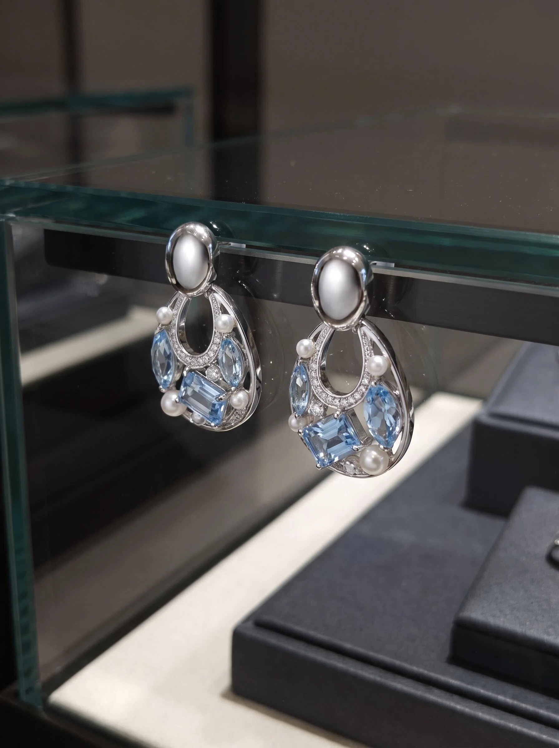 Silver-Tone Blue Crystal Circle Drop Earrings