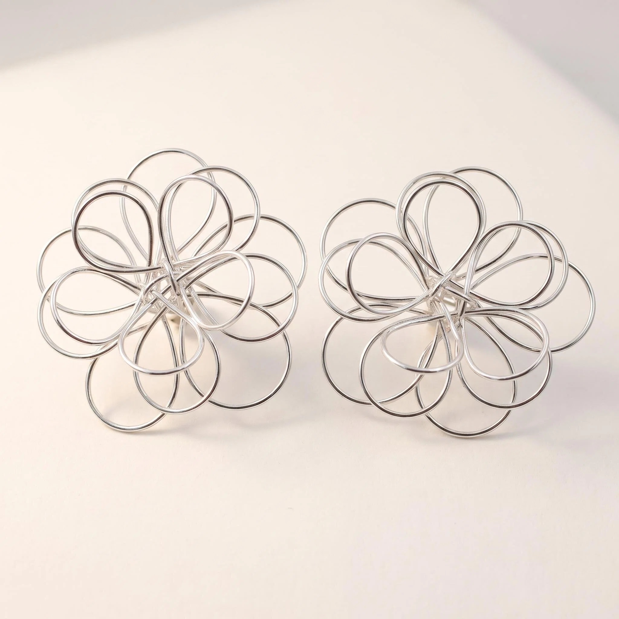 Silver-Tone Wire Flower Statement Stud Earrings