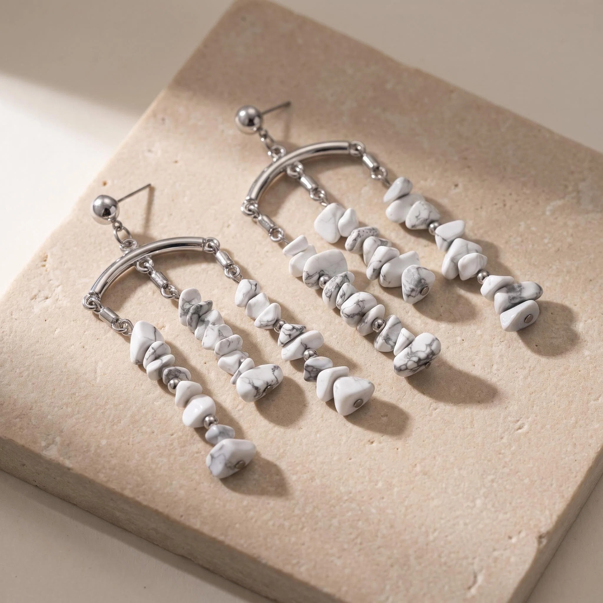 Silver-Tone White Beaded Chandelier Earrings