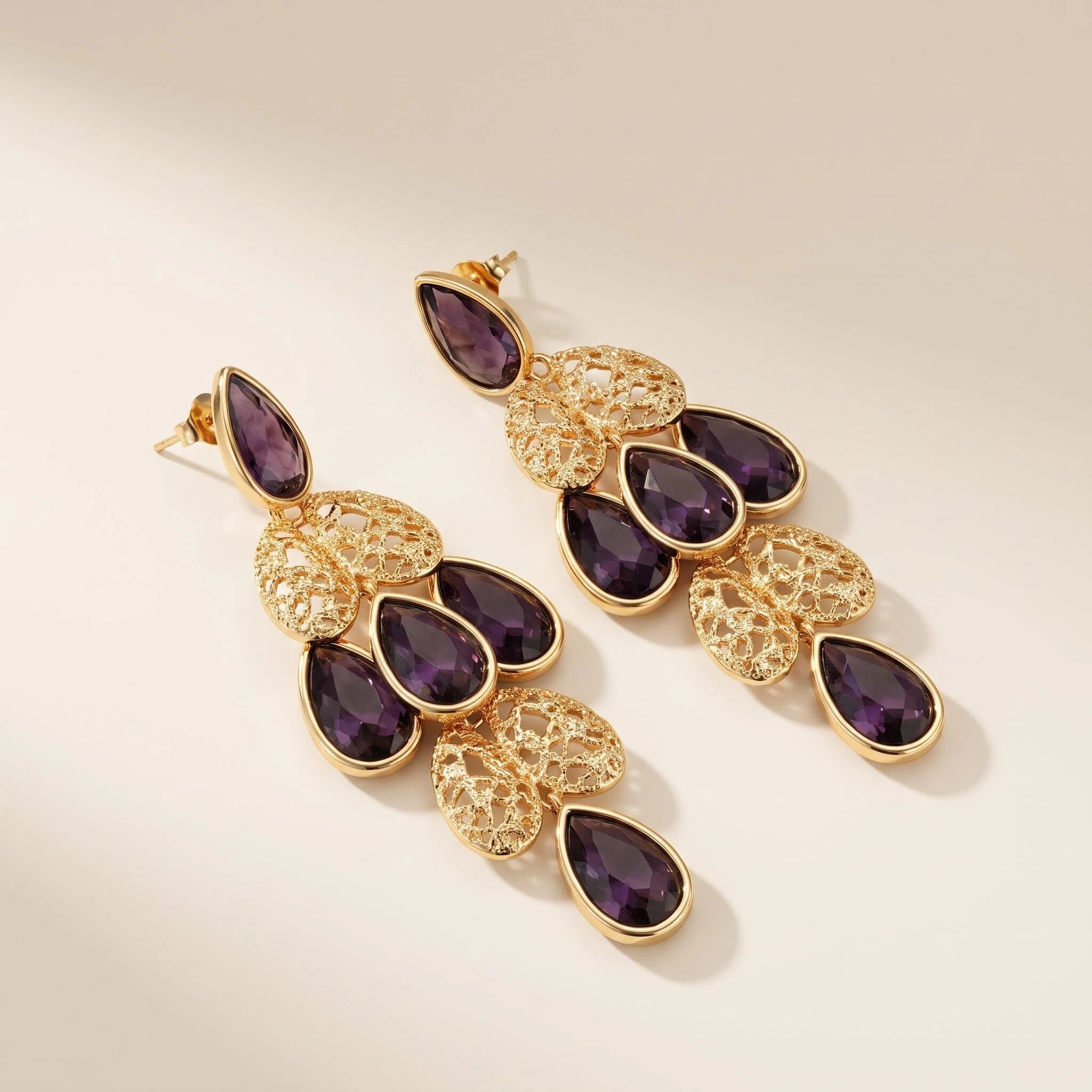 Gold-Tone Purple Crystal Chandelier Earrings