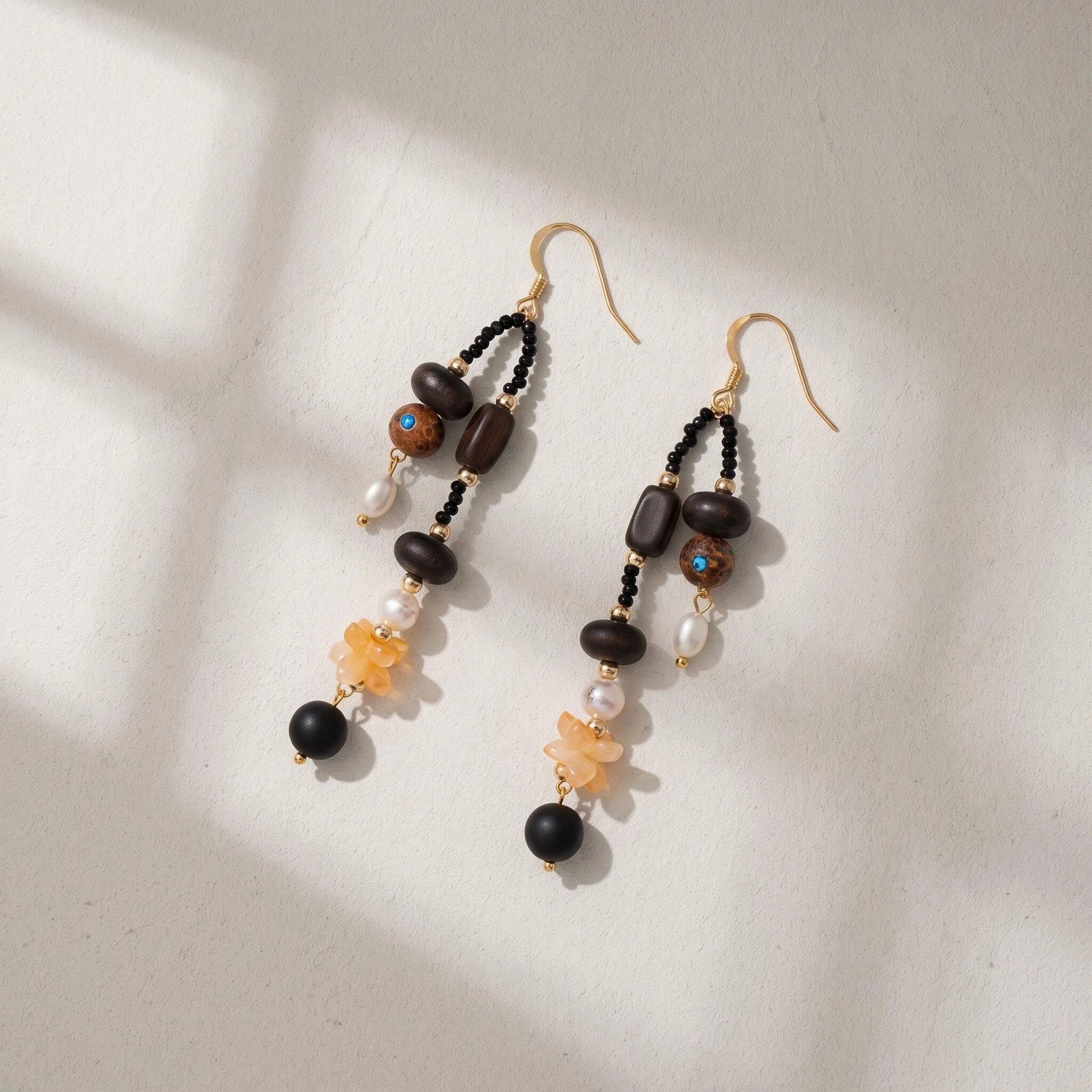 Black Amber Beaded Long Drop Earrings