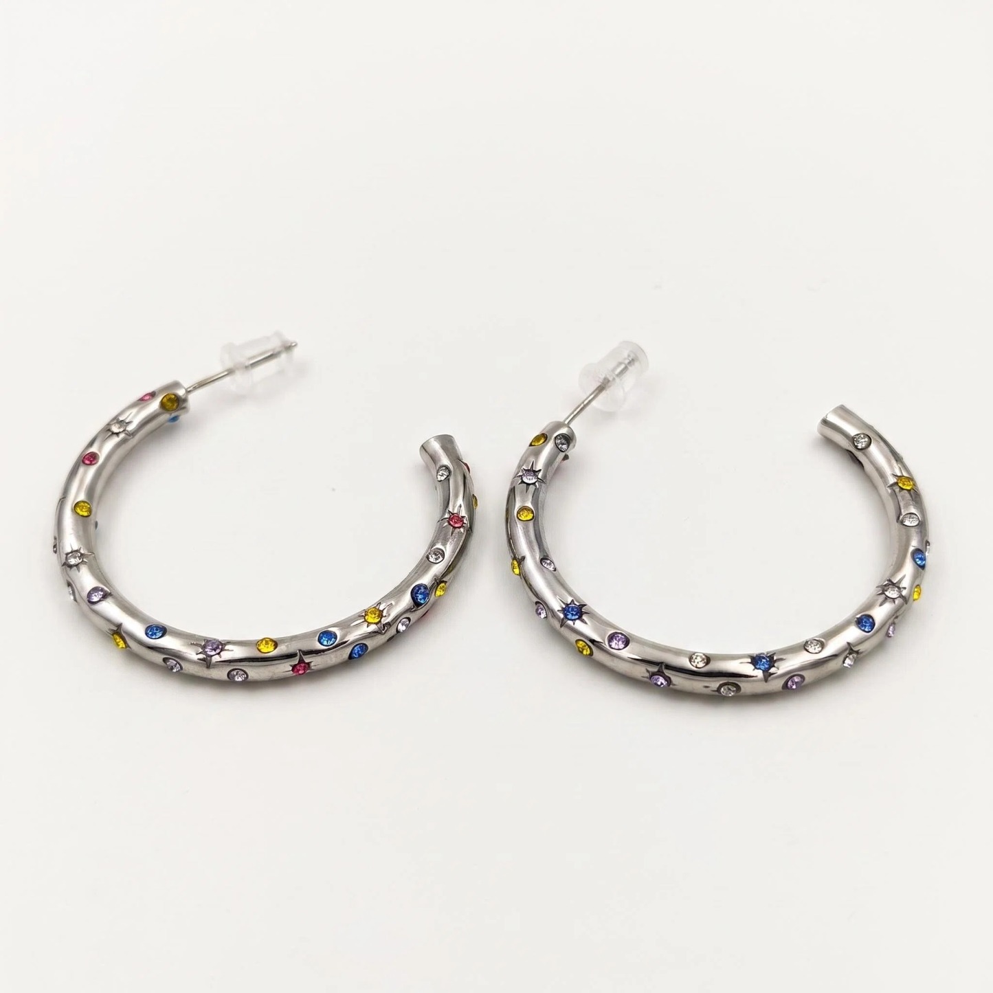 Silver-Tone Multicolor Crystal Hoop Earrings