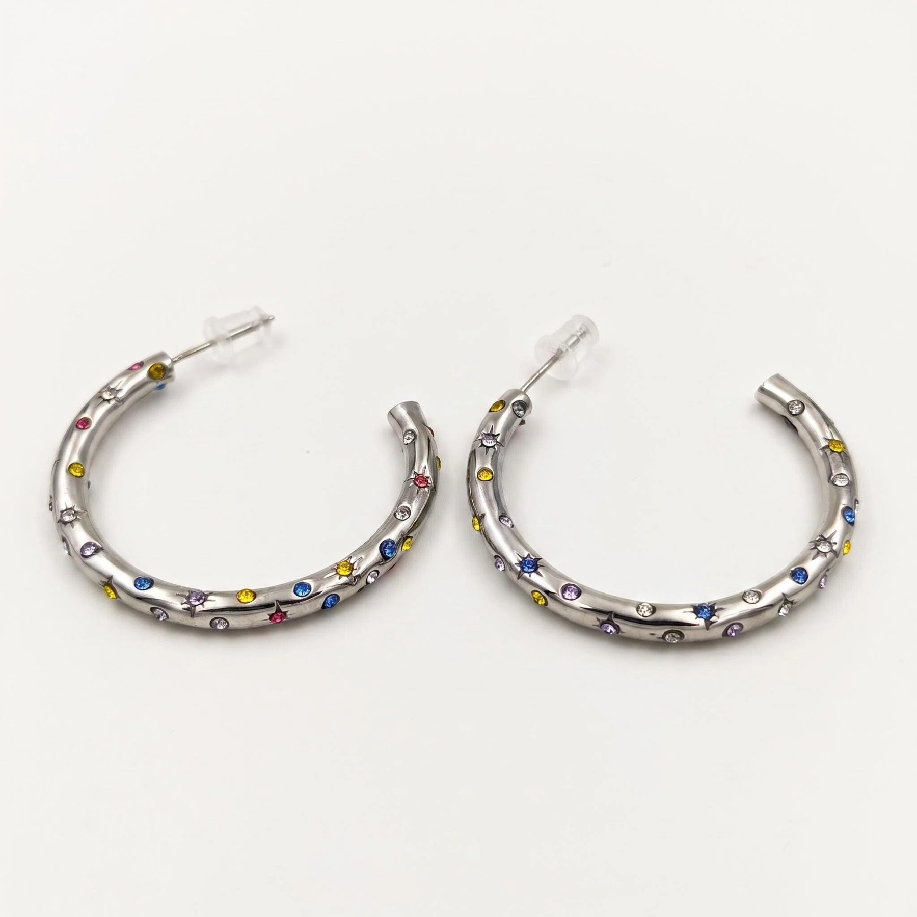 Silver-Tone Multicolor Crystal Hoop Earrings