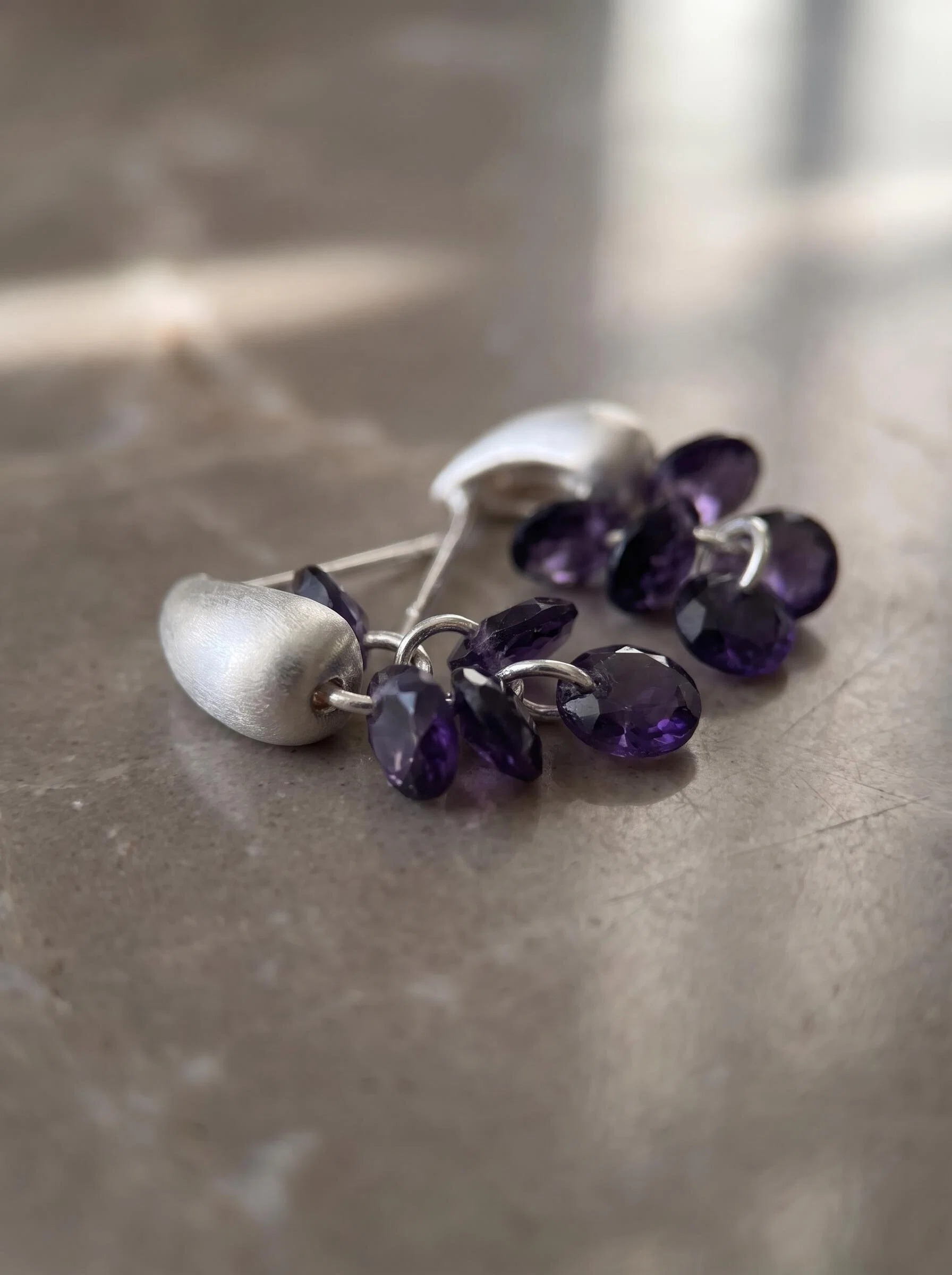 Silver-Tone Purple Petal Cluster Earrings