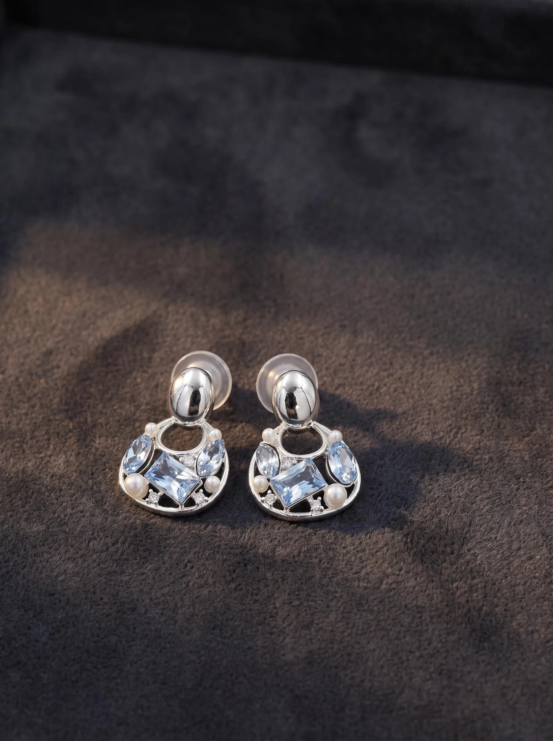 Silver-Tone Blue Crystal Circle Drop Earrings