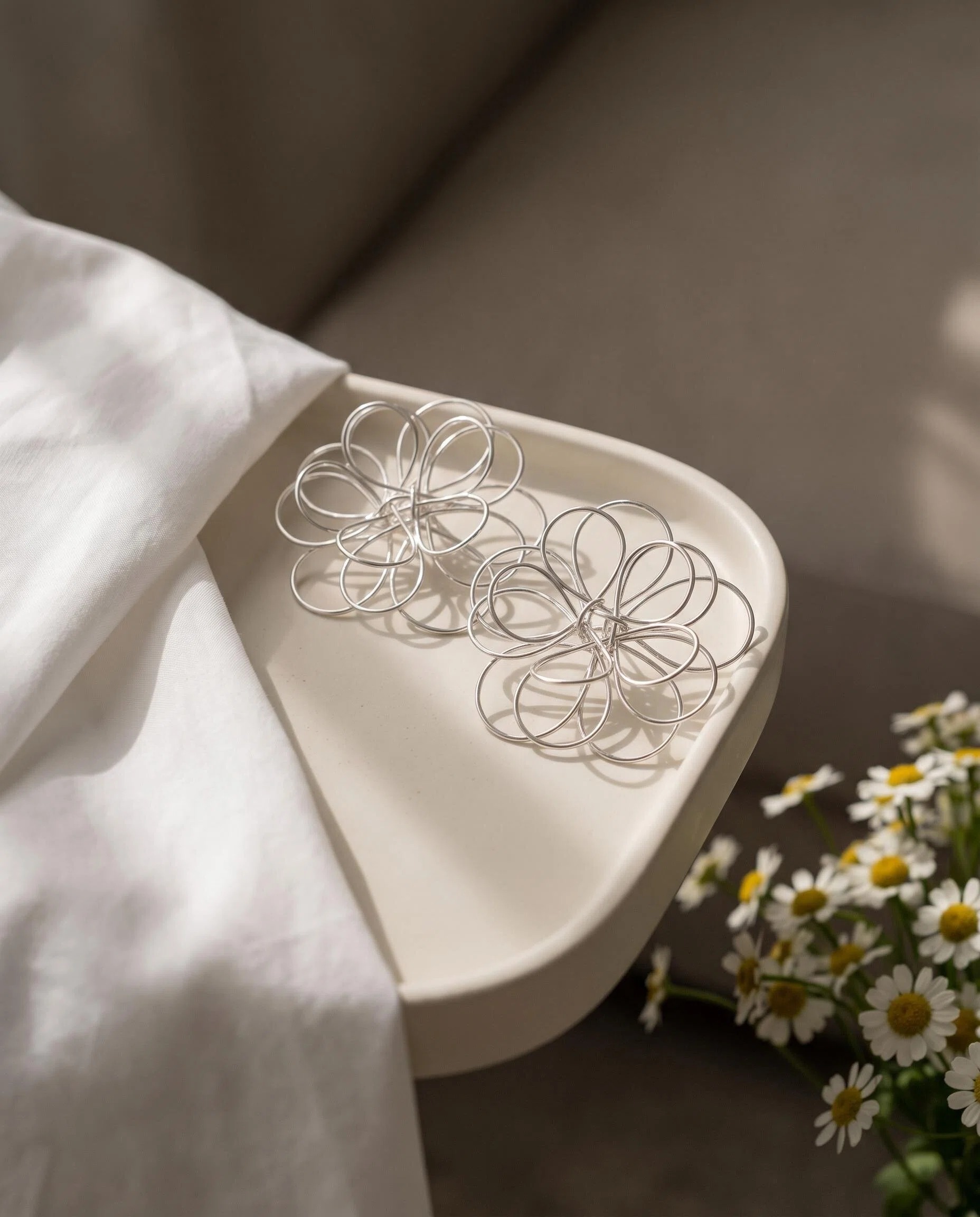 Silver-Tone Wire Flower Statement Stud Earrings