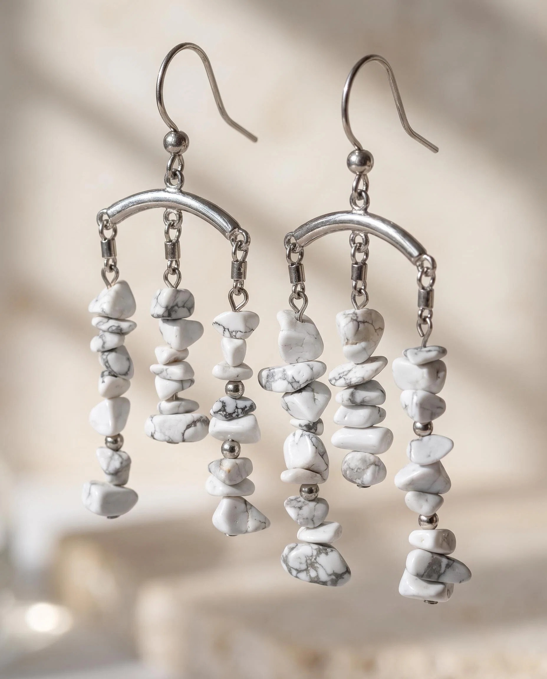Silver-Tone White Beaded Chandelier Earrings