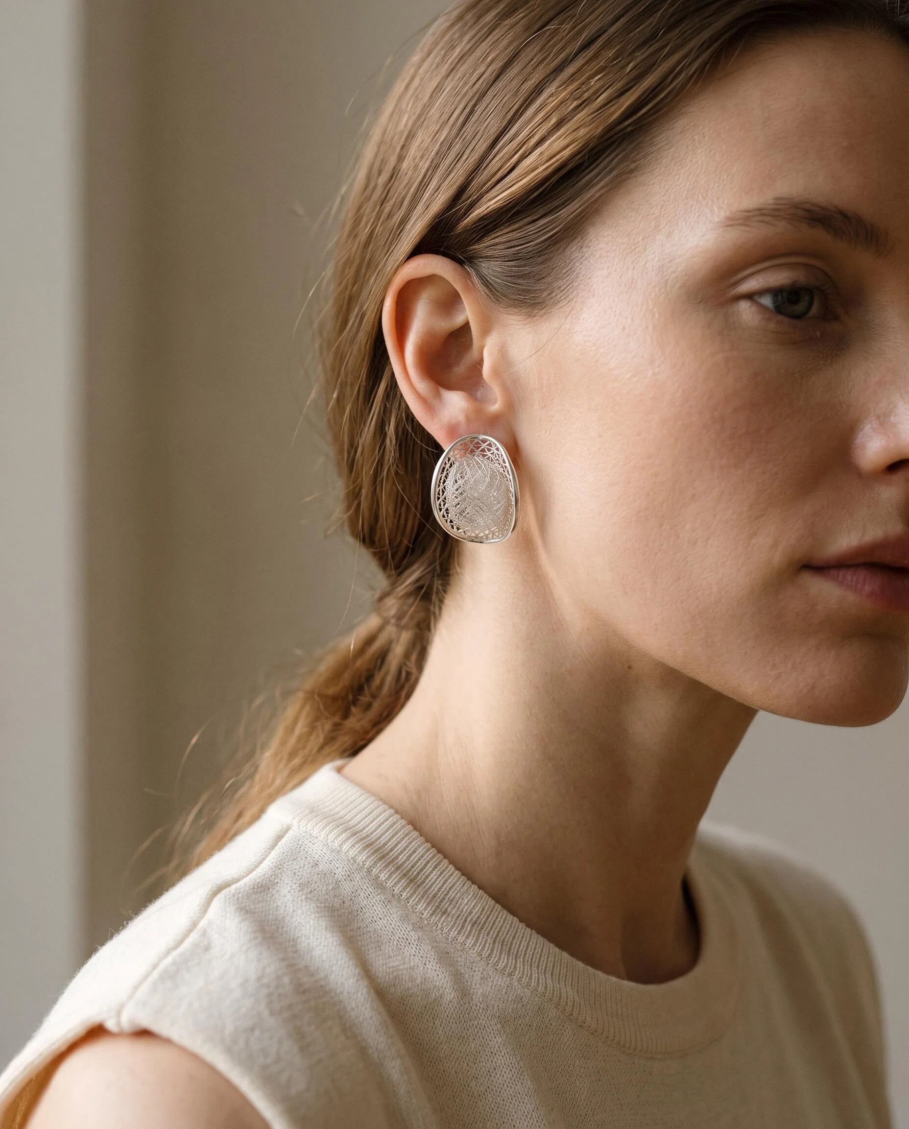 Silver-Tone Woven Oval Stud Earrings