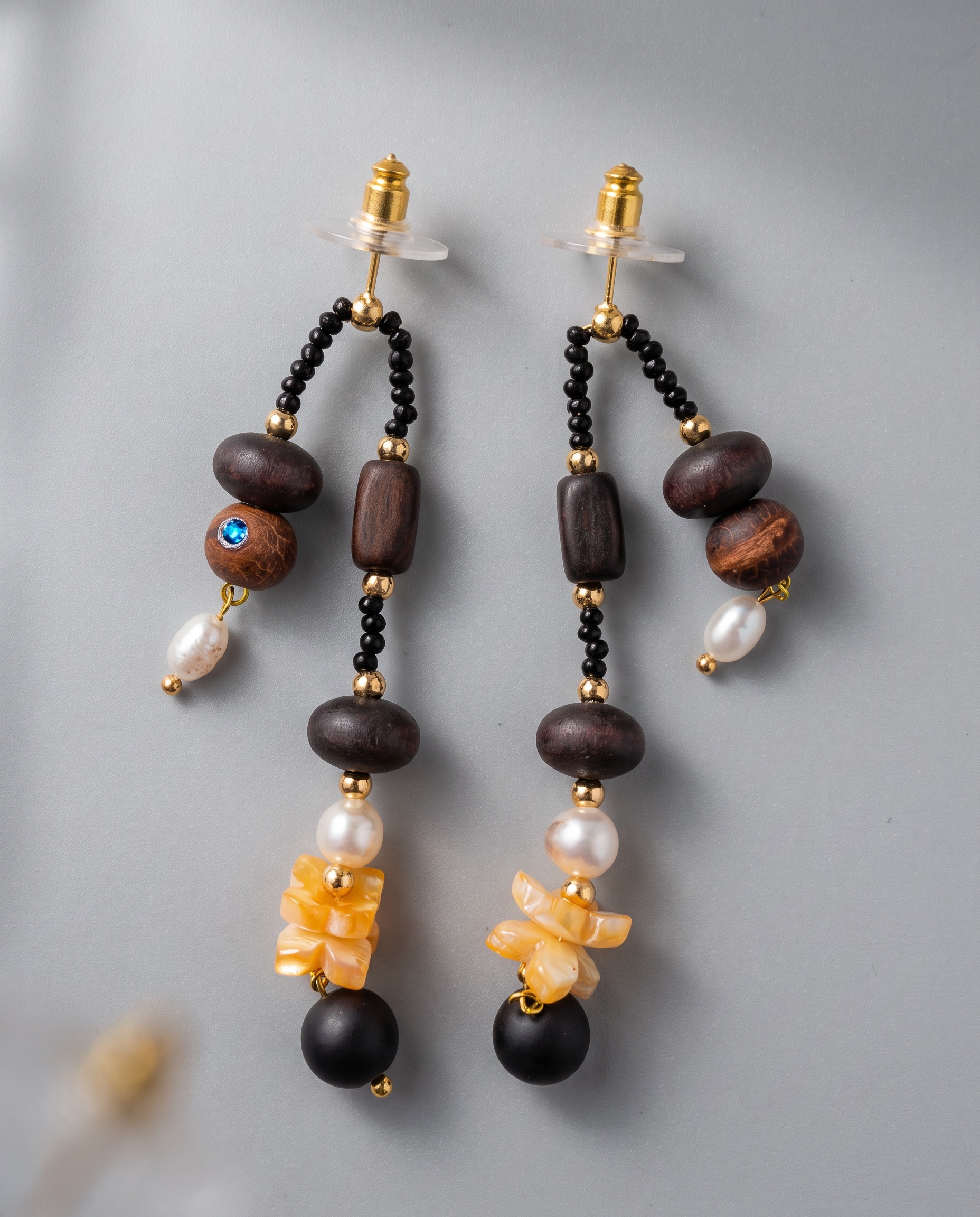 Black Amber Beaded Long Drop Earrings