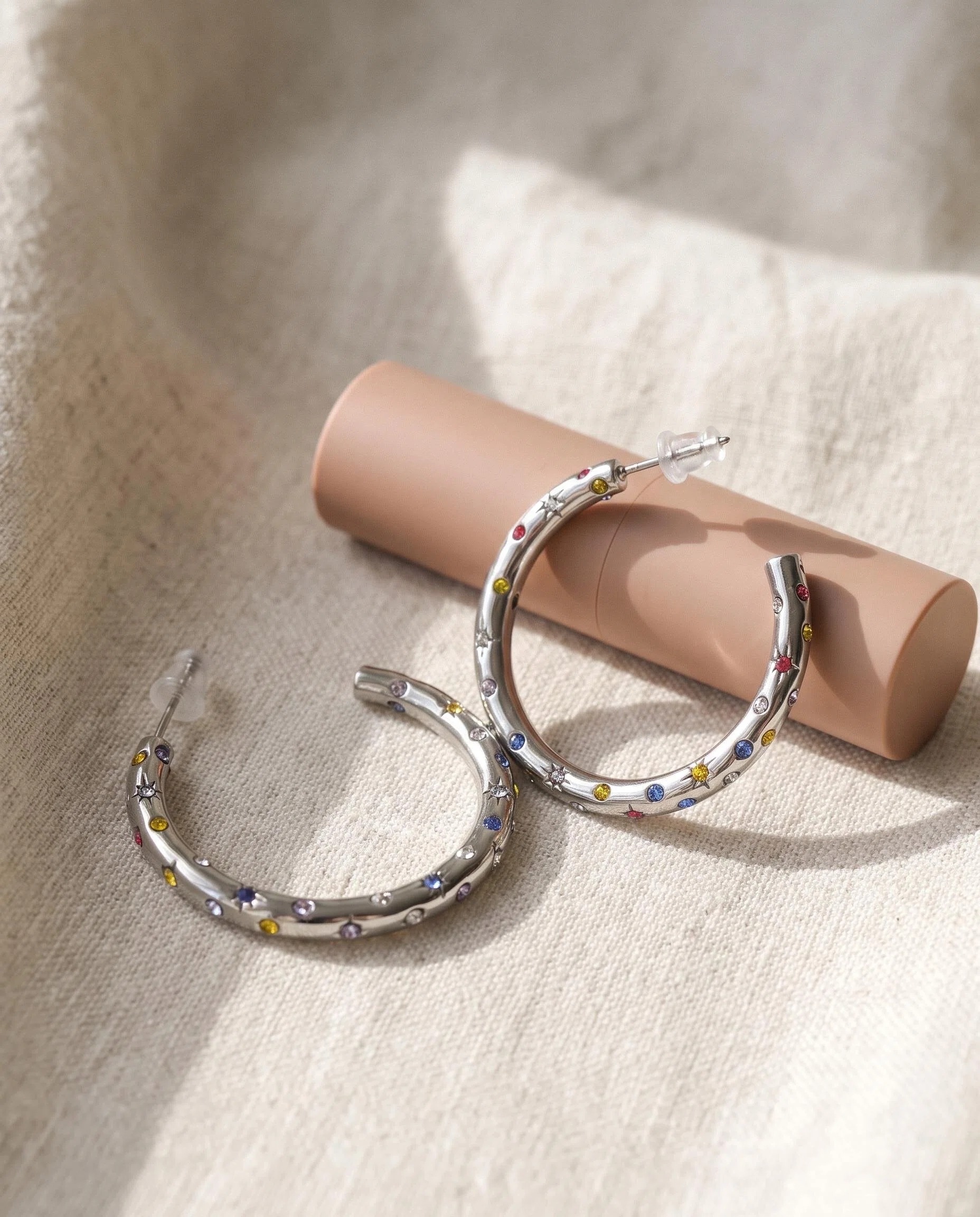 Silver-Tone Multicolor Crystal Hoop Earrings