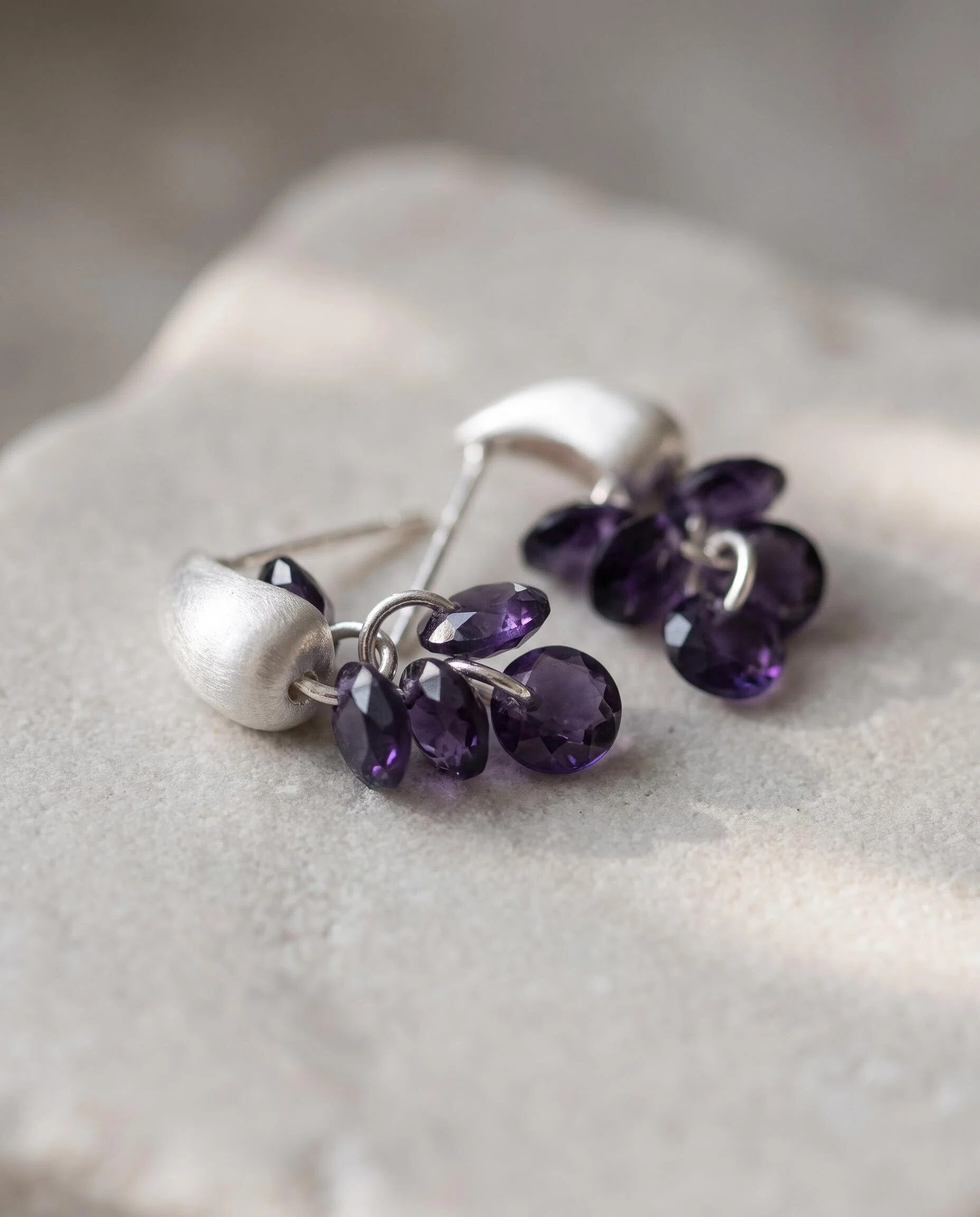 Silver-Tone Purple Petal Cluster Earrings