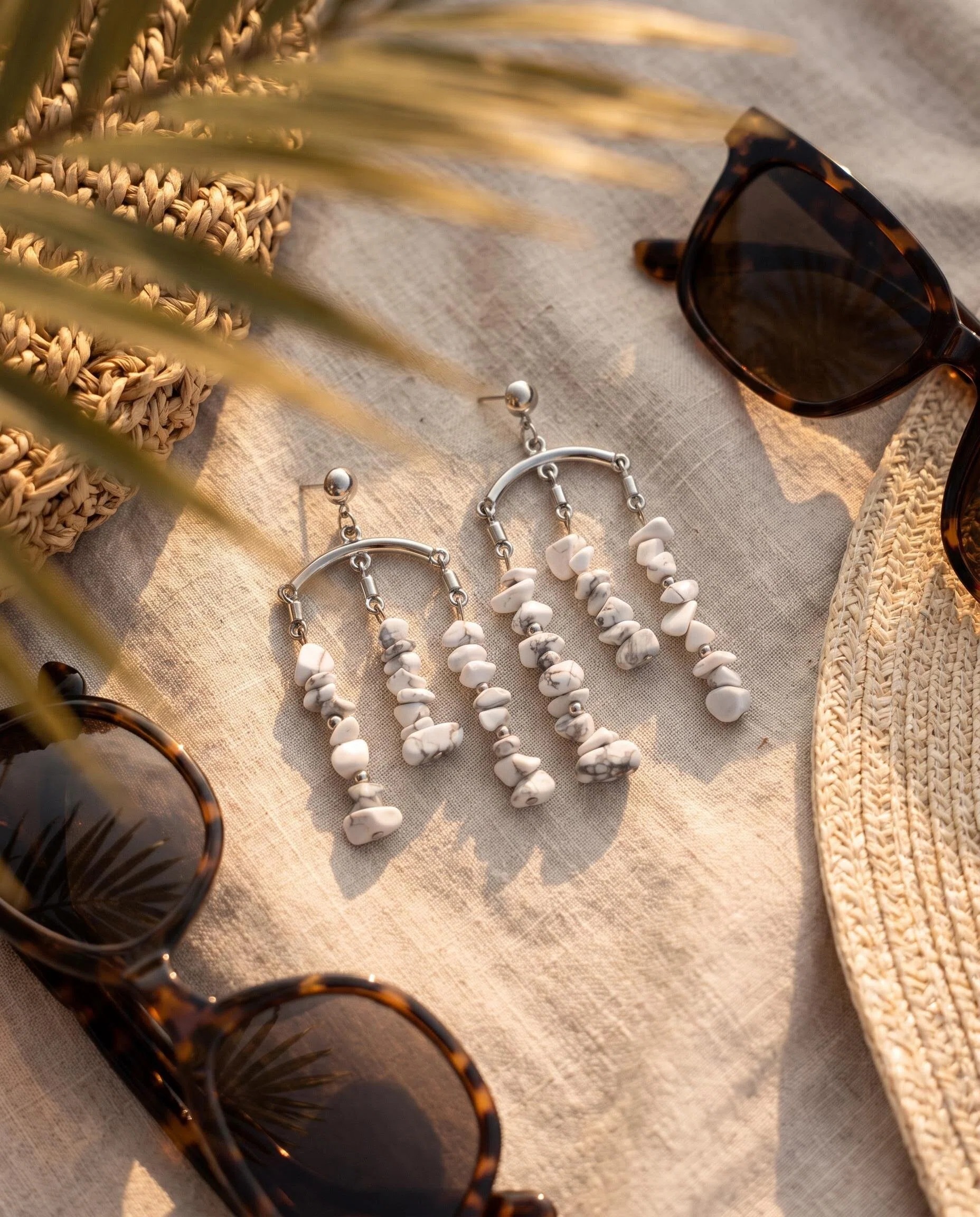 Silver-Tone White Beaded Chandelier Earrings