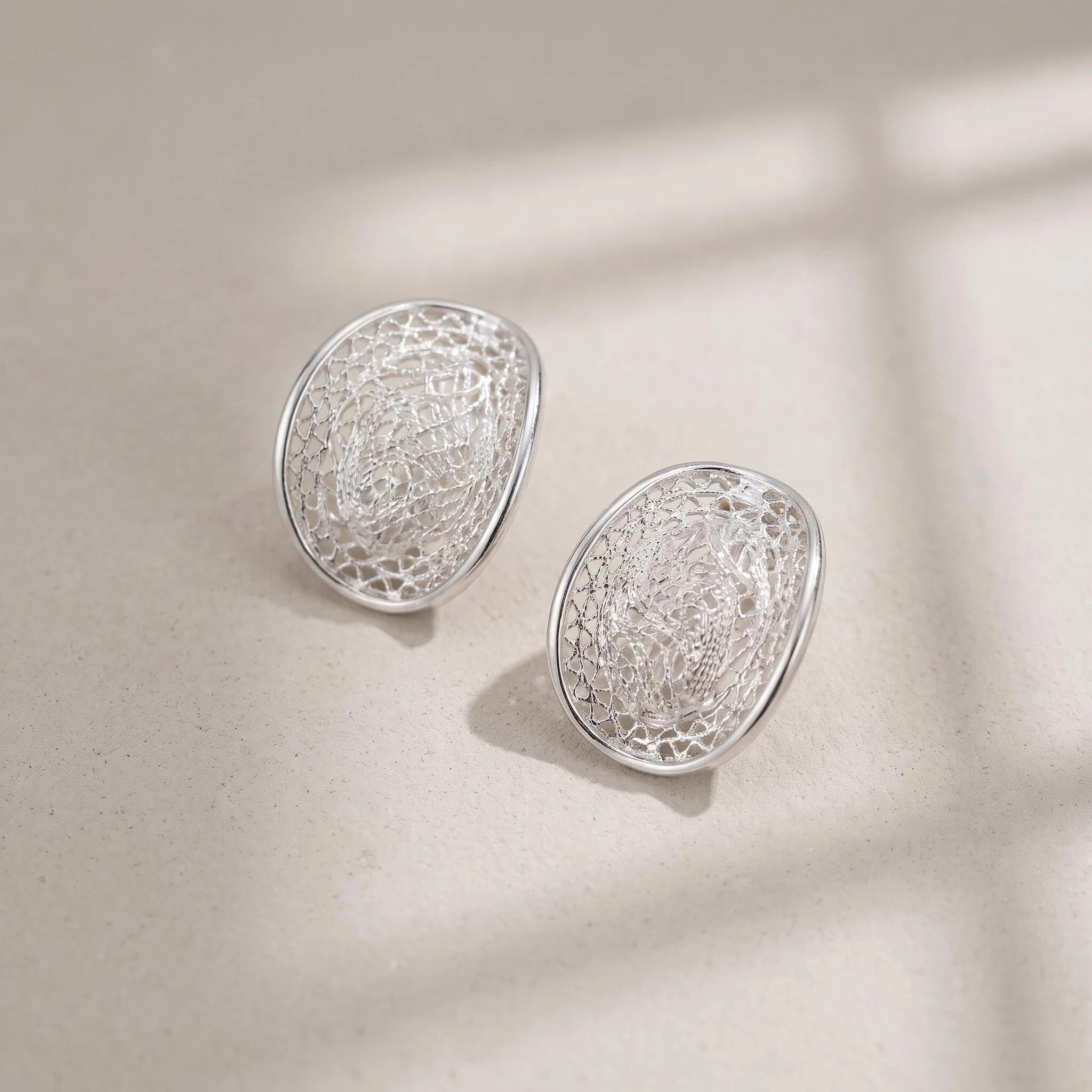 Silver-Tone Woven Oval Stud Earrings