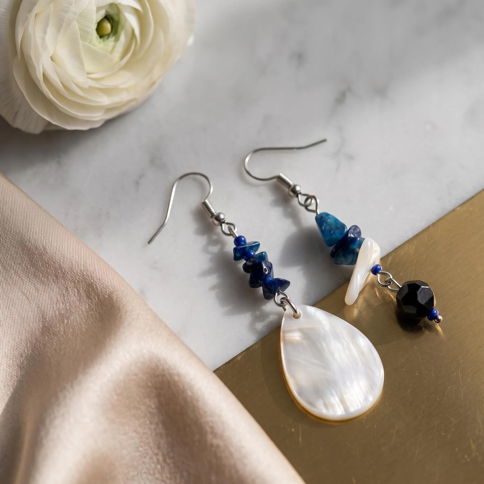 Asymmetric Blue Shell-Look Drop Earrings