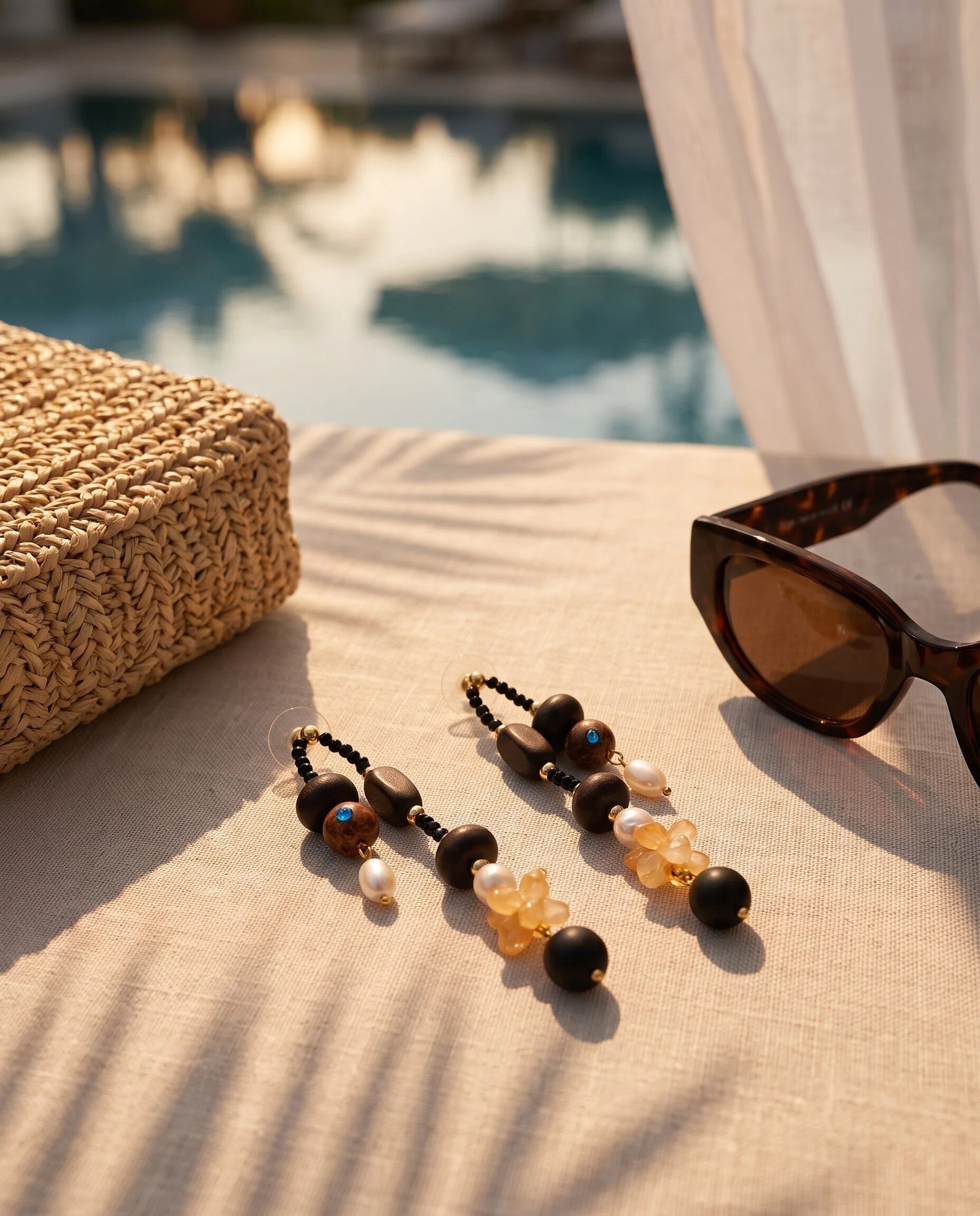 Black Amber Beaded Long Drop Earrings