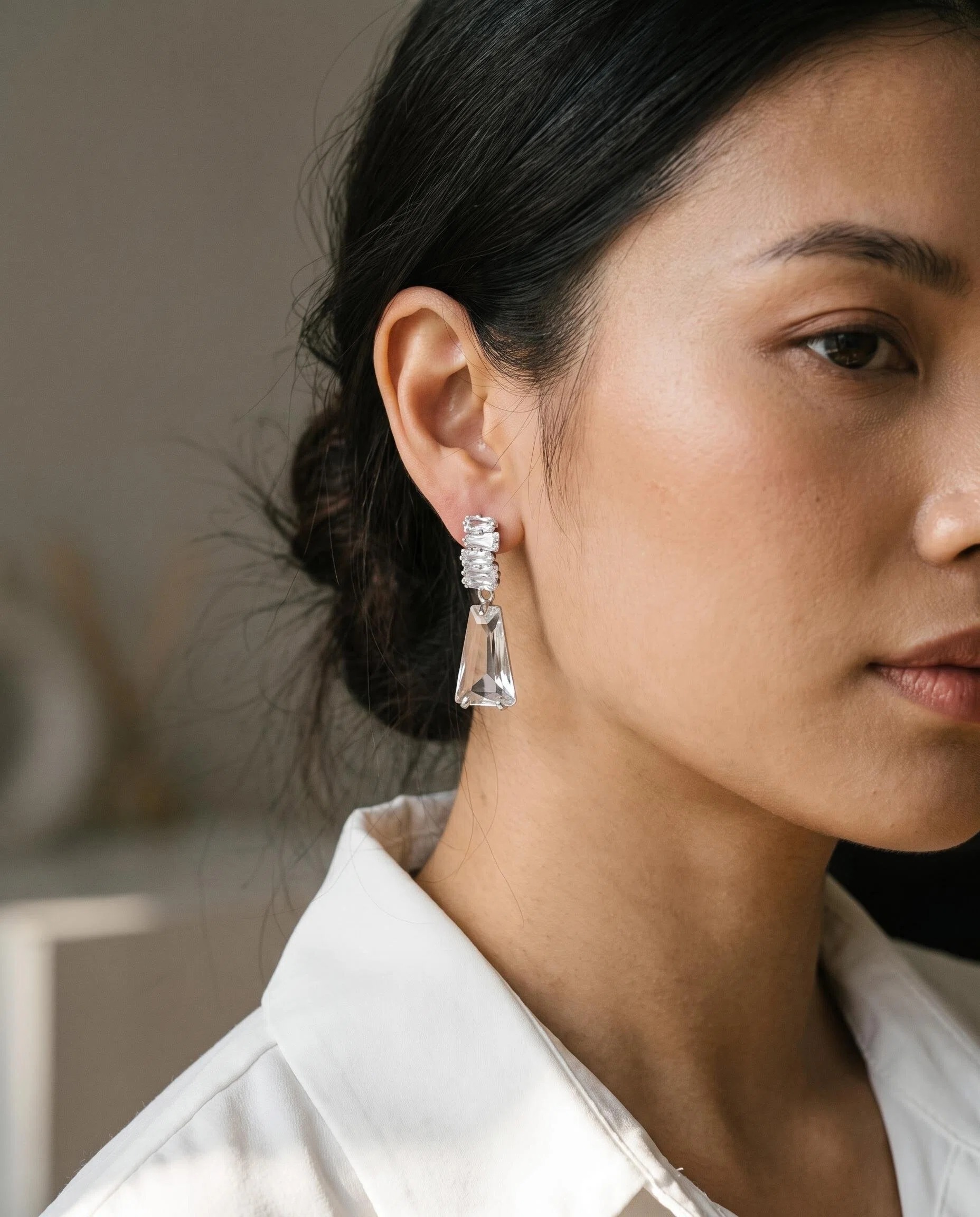 Silver-Tone Clear Crystal Trapezoid Earrings