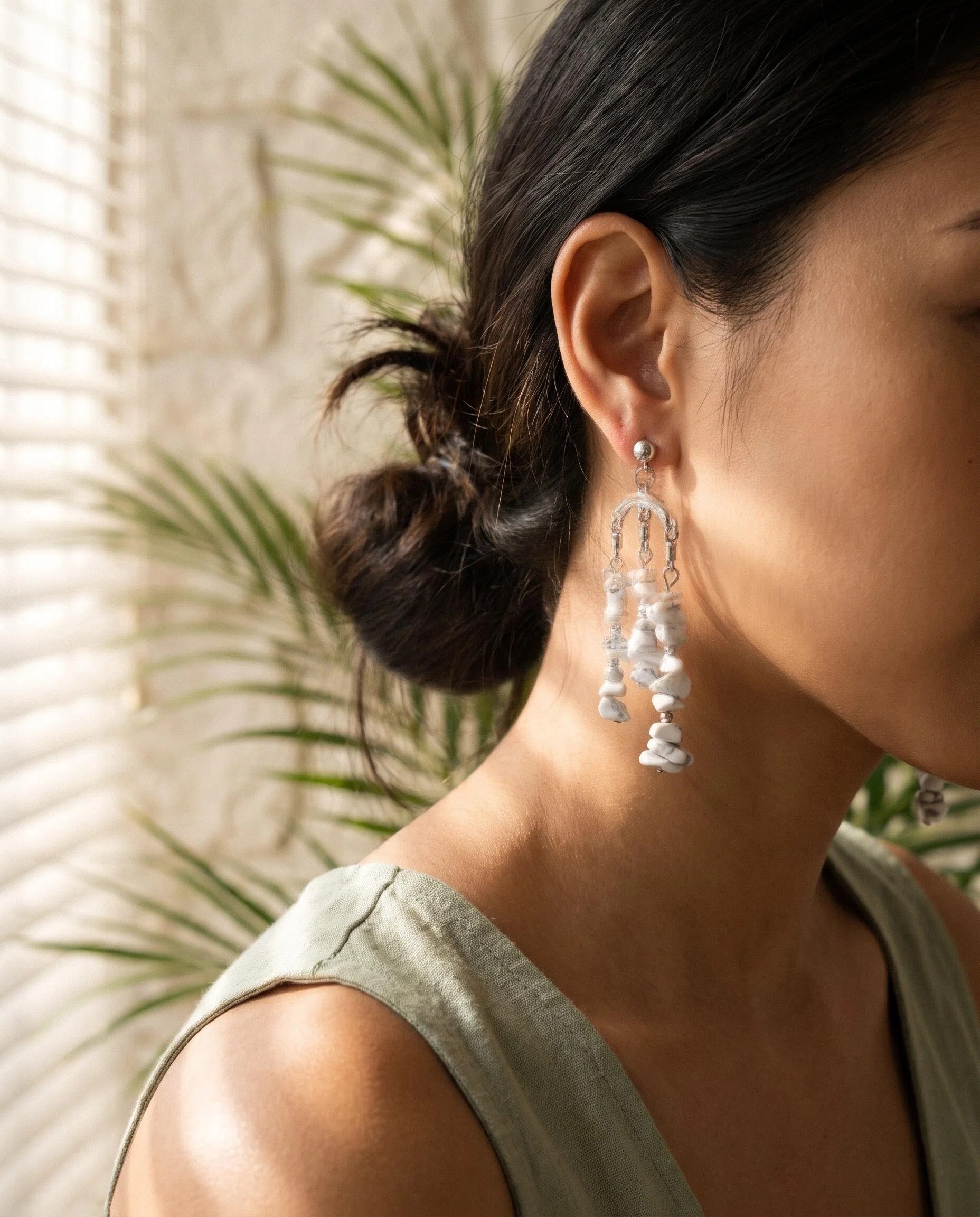 Silver-Tone White Beaded Chandelier Earrings
