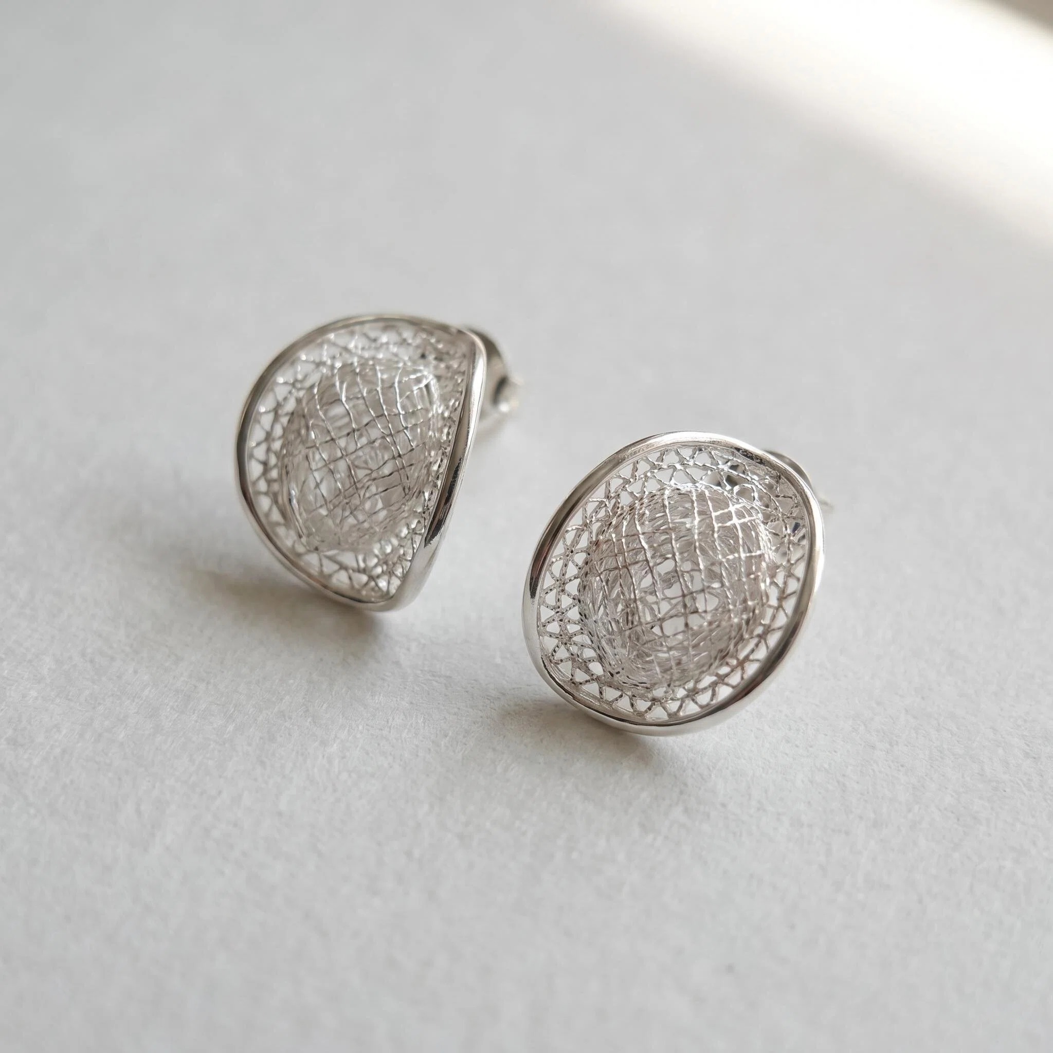 Silver-Tone Woven Oval Stud Earrings