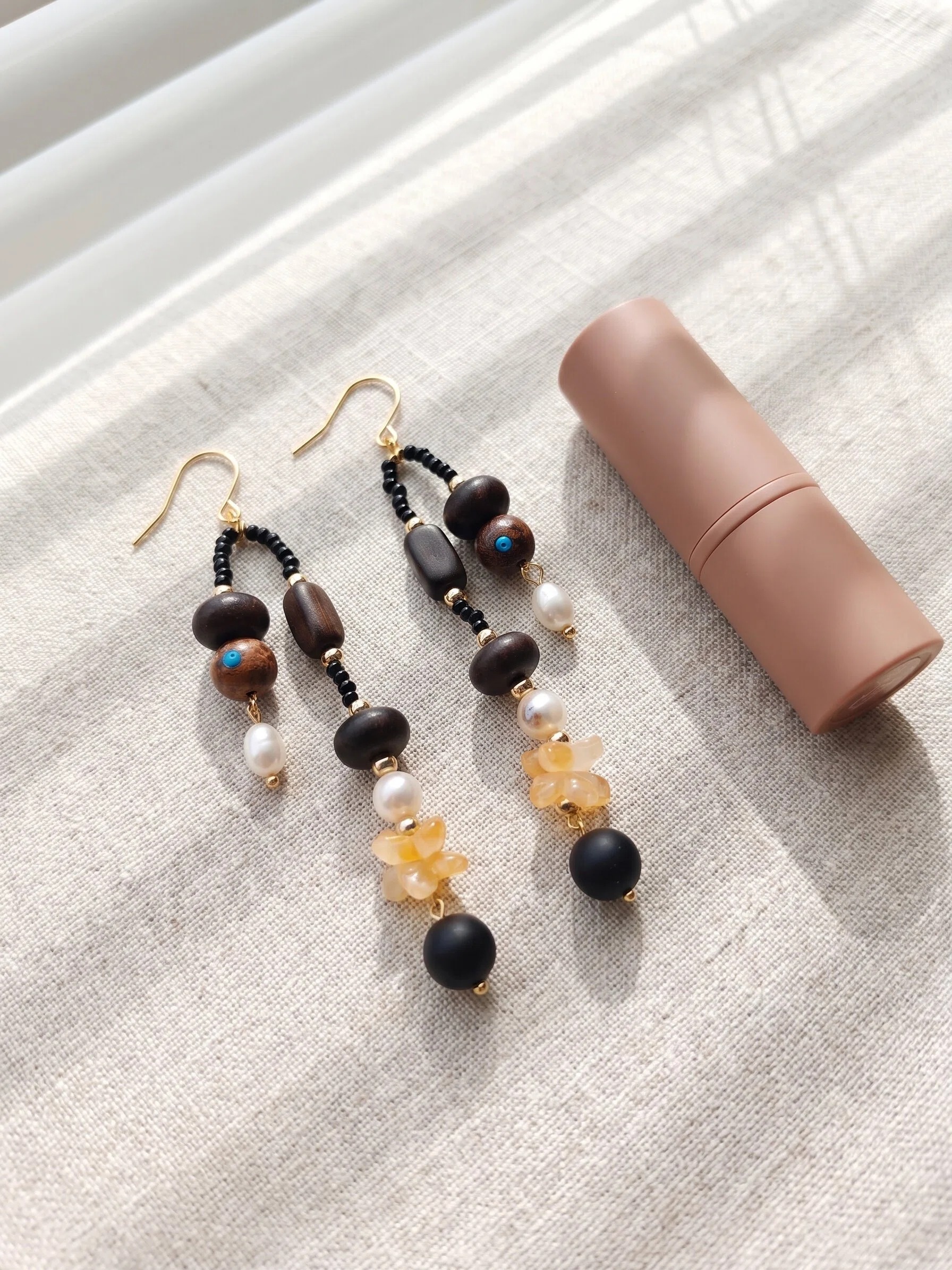 Black Amber Beaded Long Drop Earrings